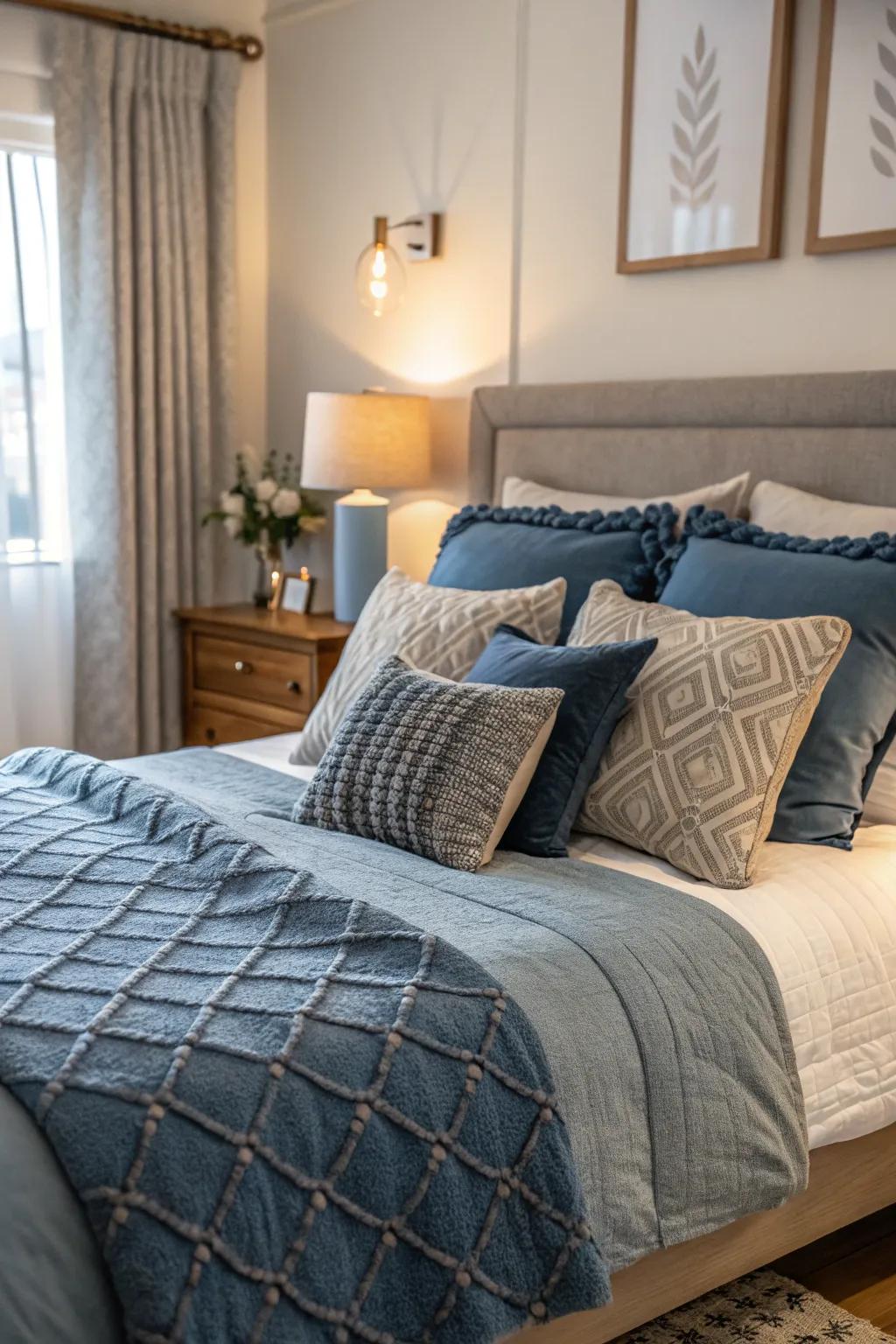 Blue accent cushions add a vibrant splash of color to this serene grey bedroom.
