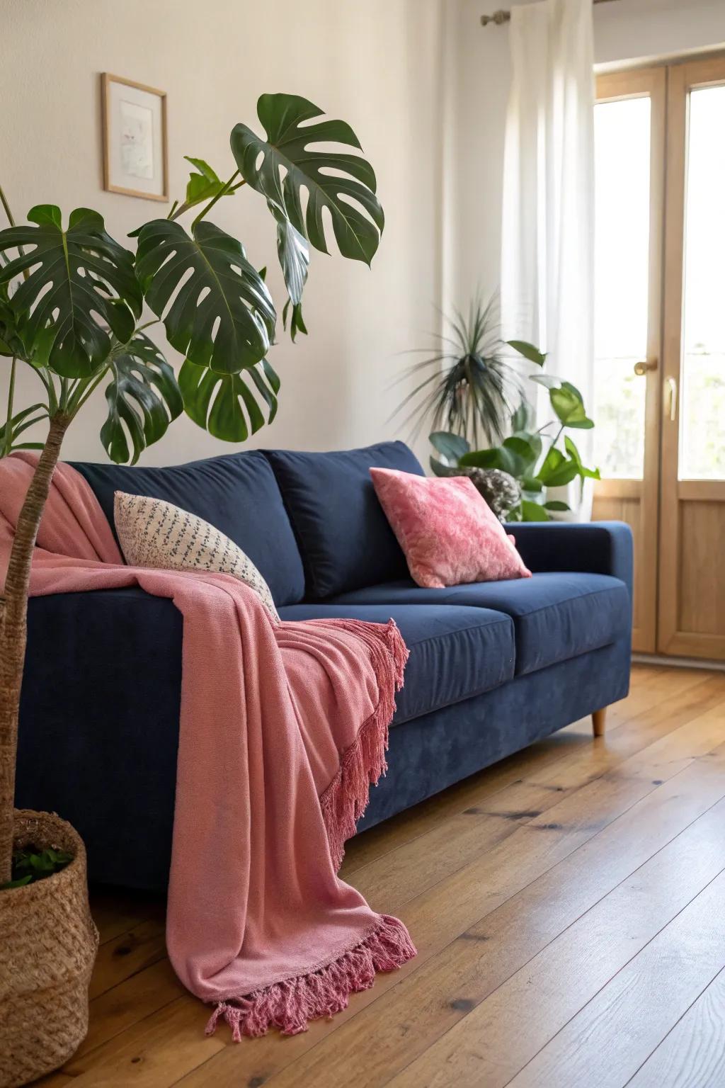Greenery contributes a refreshing contrast to the navy and rose design.