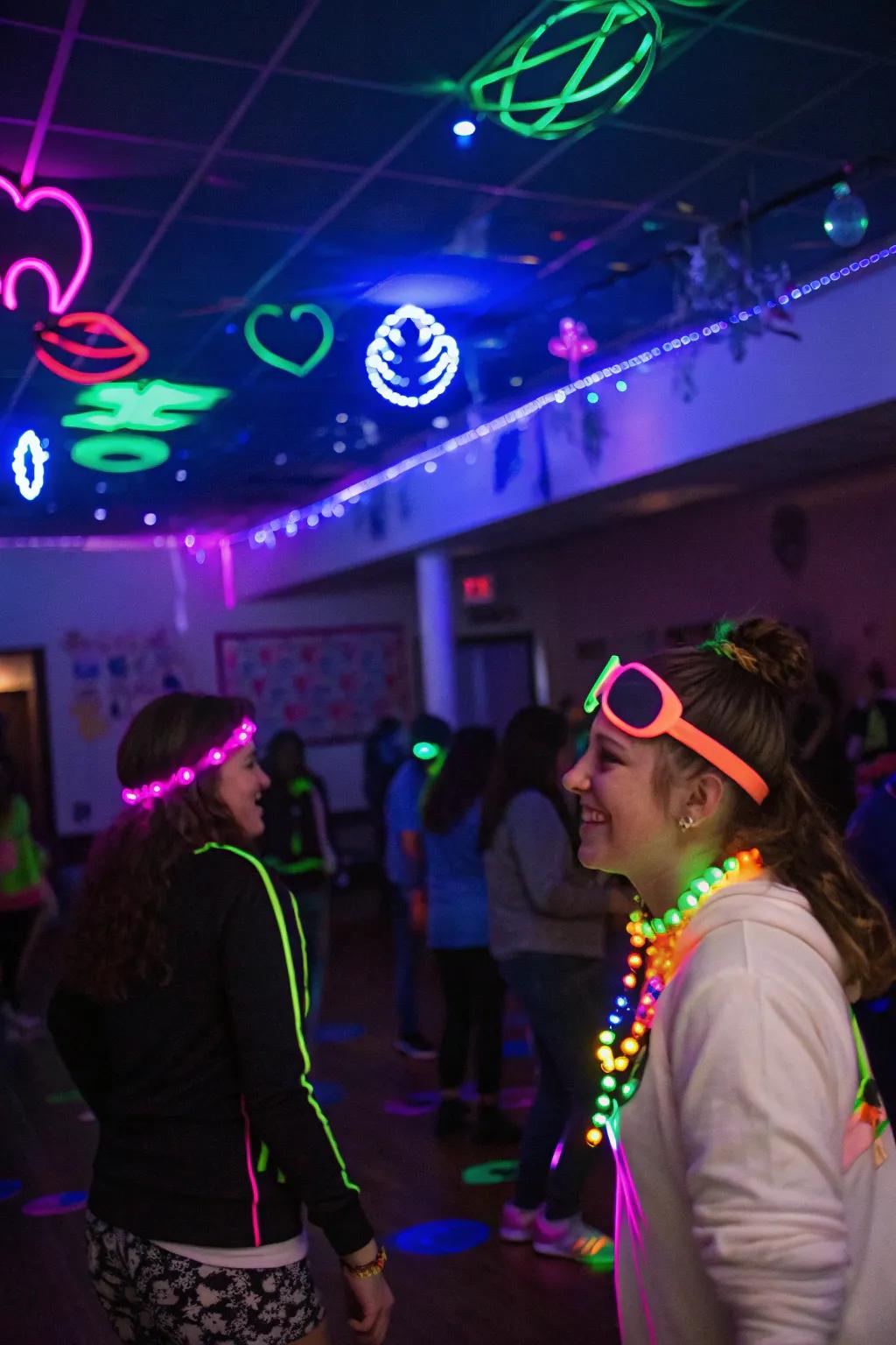 A radiant luminescence party brightens the night with vivid hues.