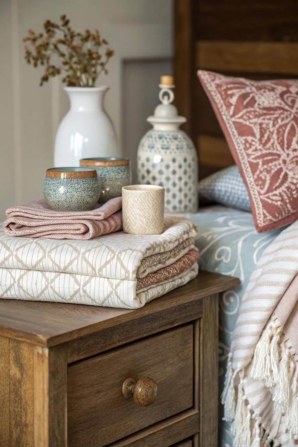 Add depth and intrigue to your nightstand with layered textures and materials.