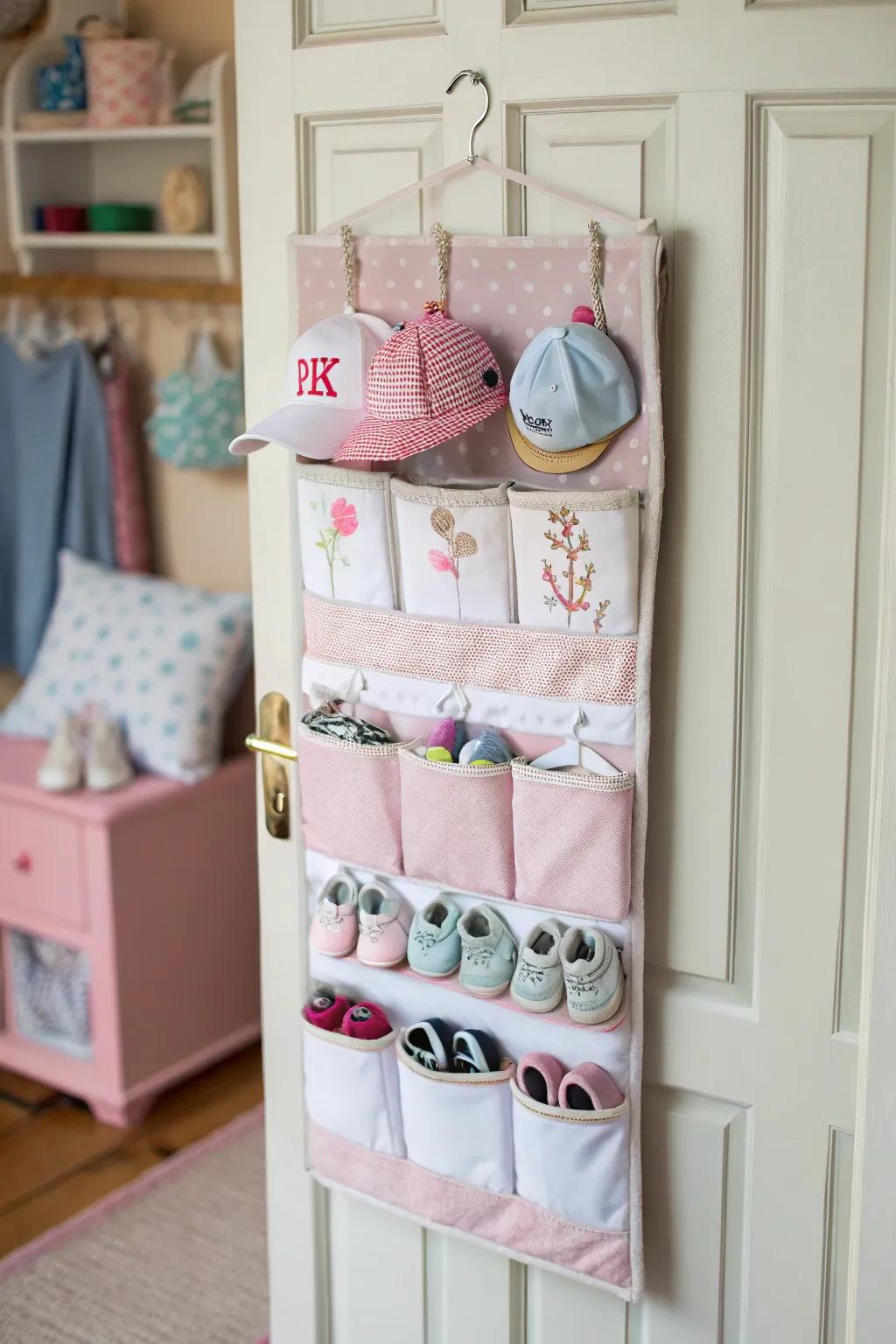 Extra storage in a baby's room with a door organizer.