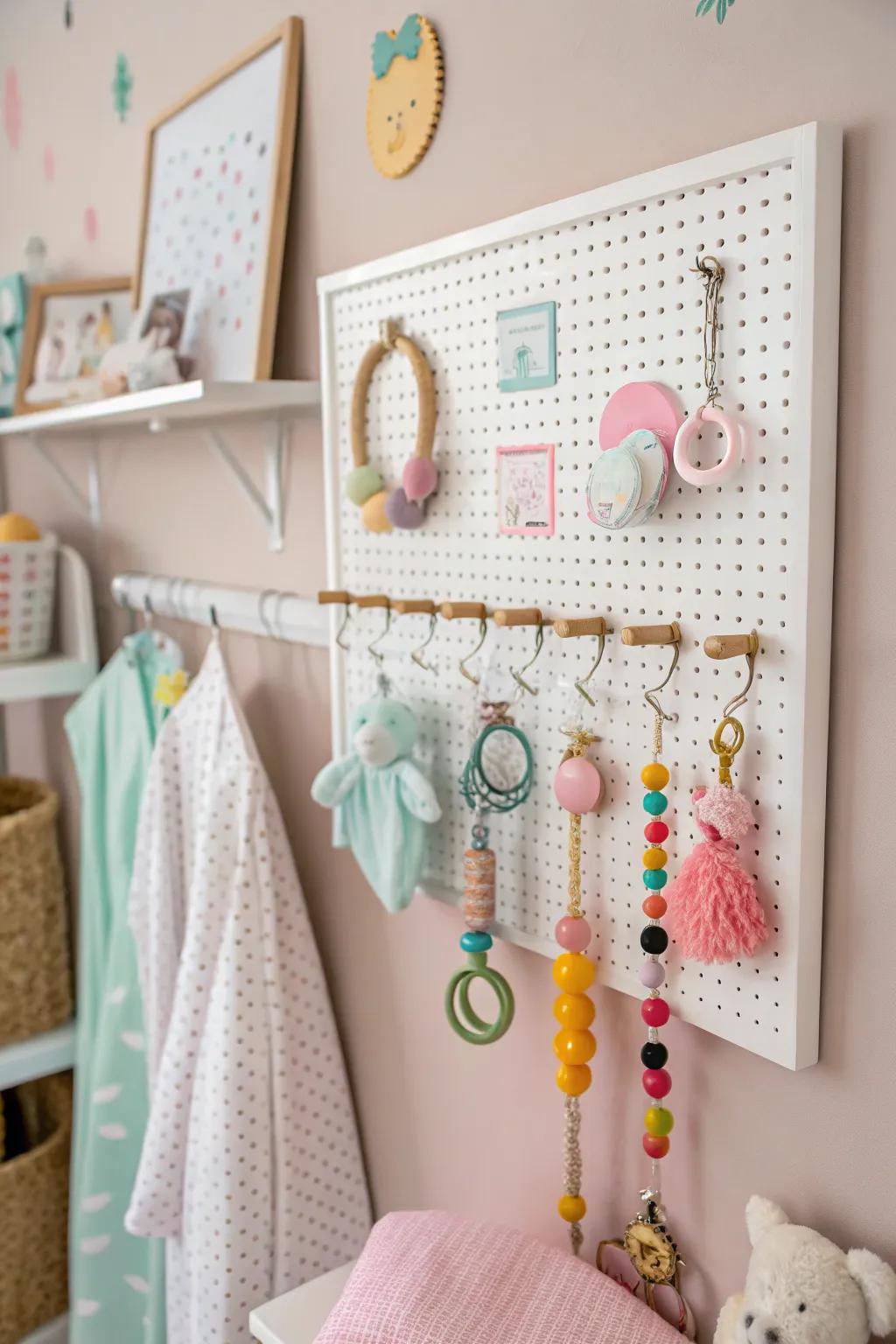 A flexible pegboard arrangement for arranging and exhibiting baby articles.
