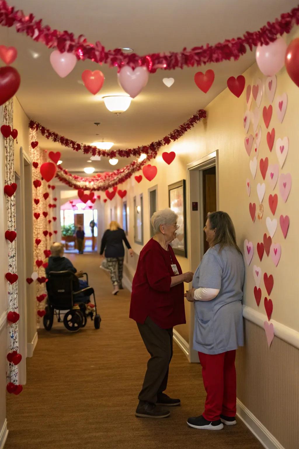 Heart-themed decorations spreading the Valentine's atmosphere throughout the nursing facility.
