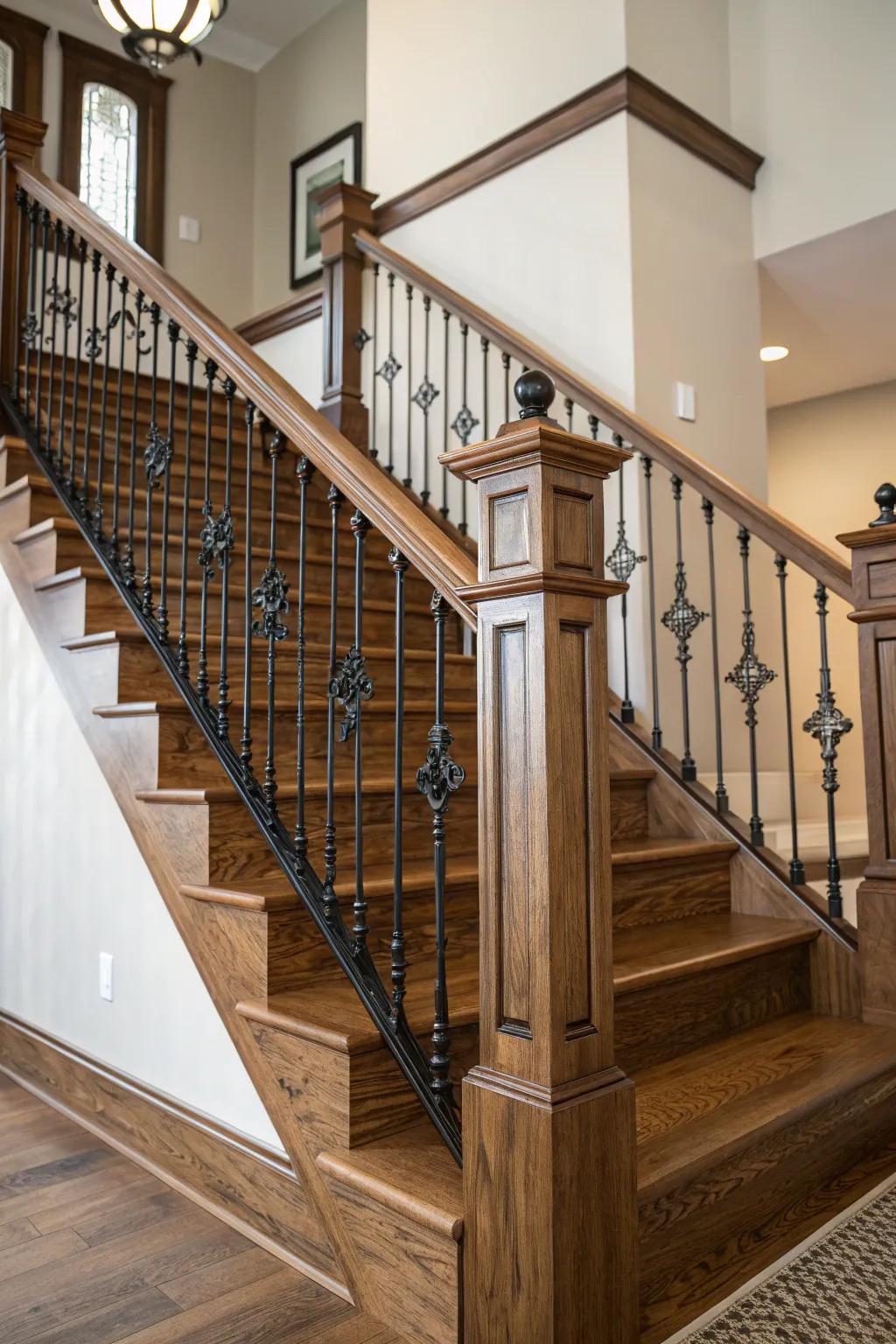 An extraordinary synthesis of metal and oak is evident in the stairway spindles.