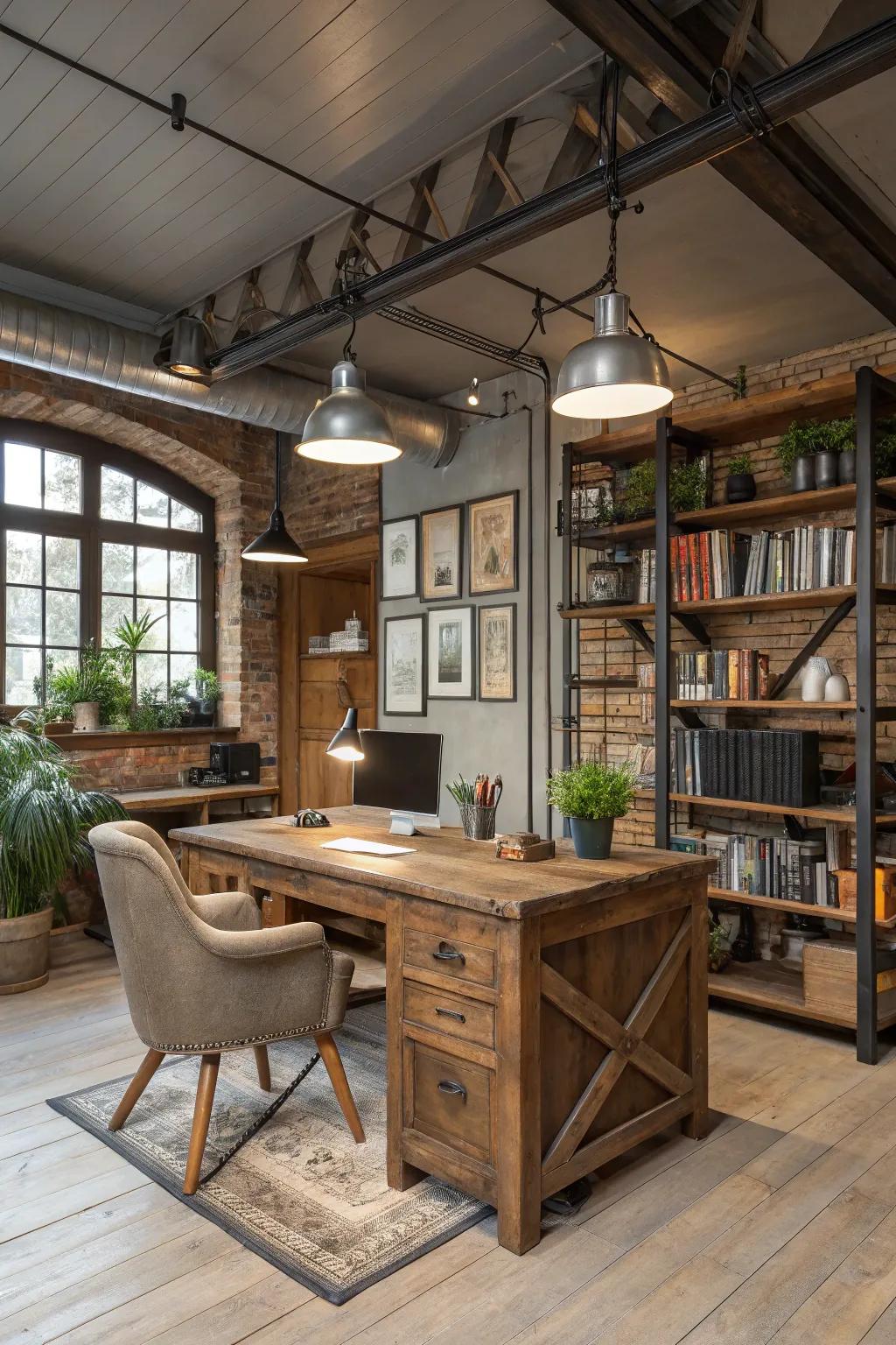 Exposed fixtures deliver industrial charm to an inventive workspace.