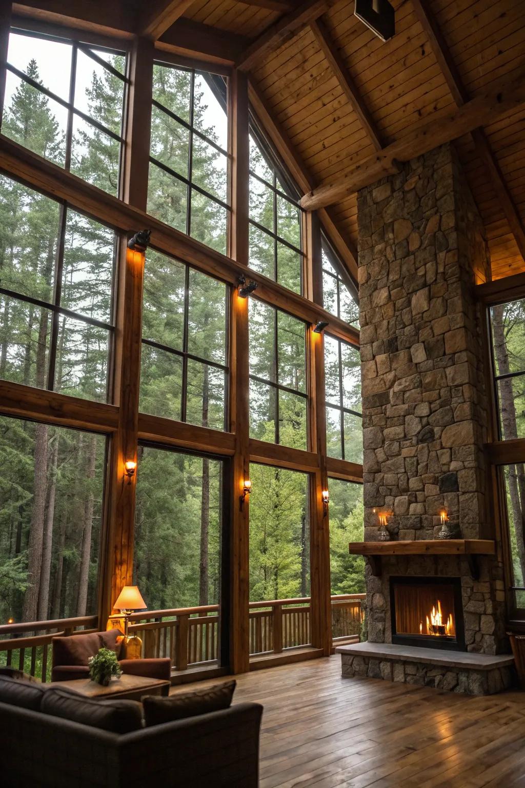 Country-style lodge interior with expansive windows offering a stunning forest view.