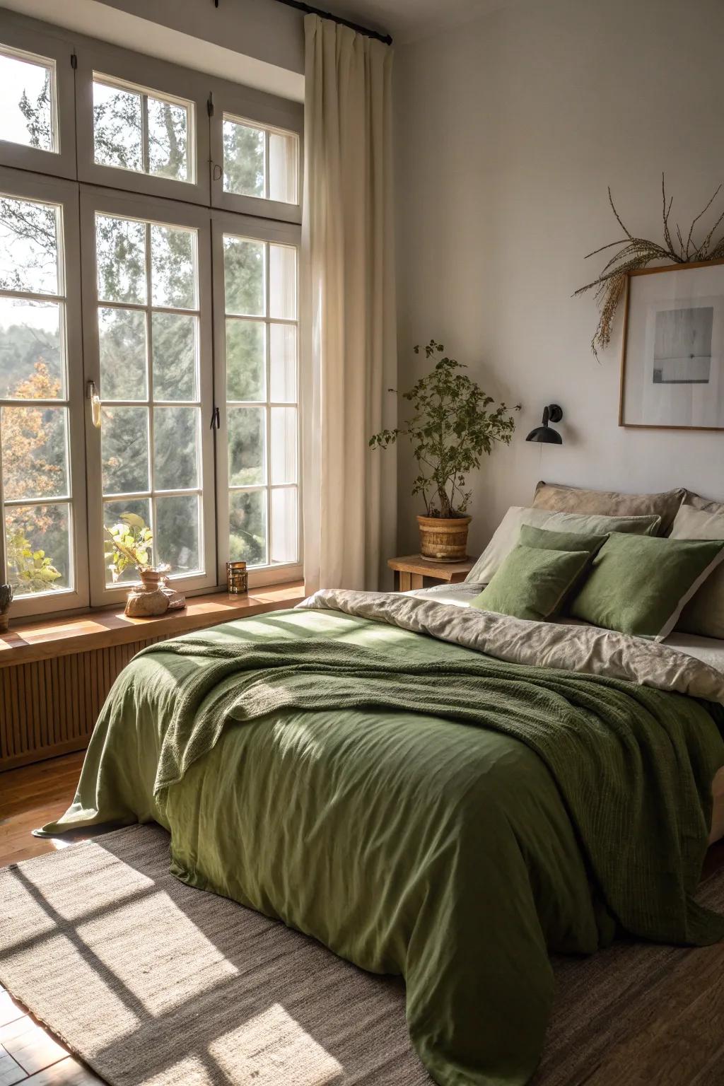 The inherent beauty of olive green bedding is boosted by sunlight.