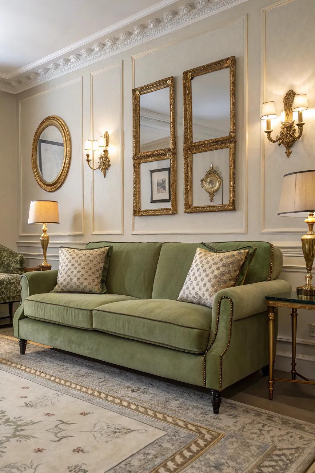Gilded and copper features contribute an opulent dash to the area.