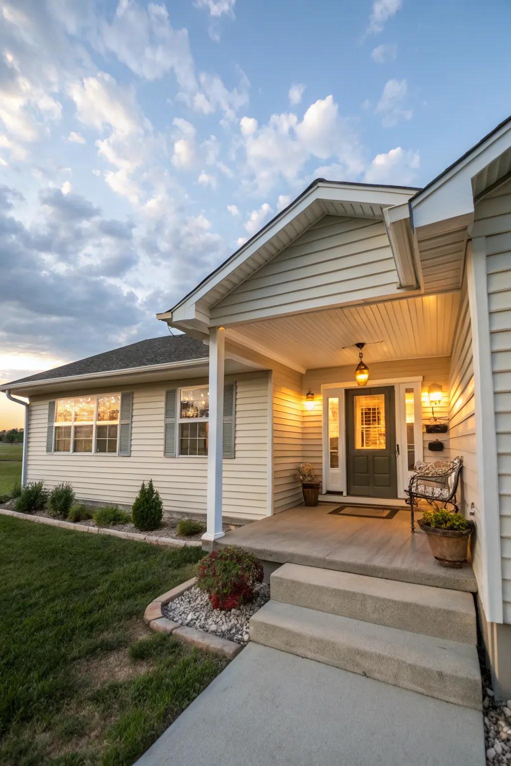 A welcoming porch enhanced with charming siding draws guests in.
