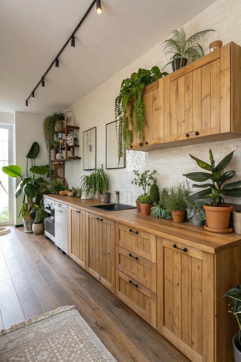 Natural elements like wood and plants add warmth to a one-wall kitchen.