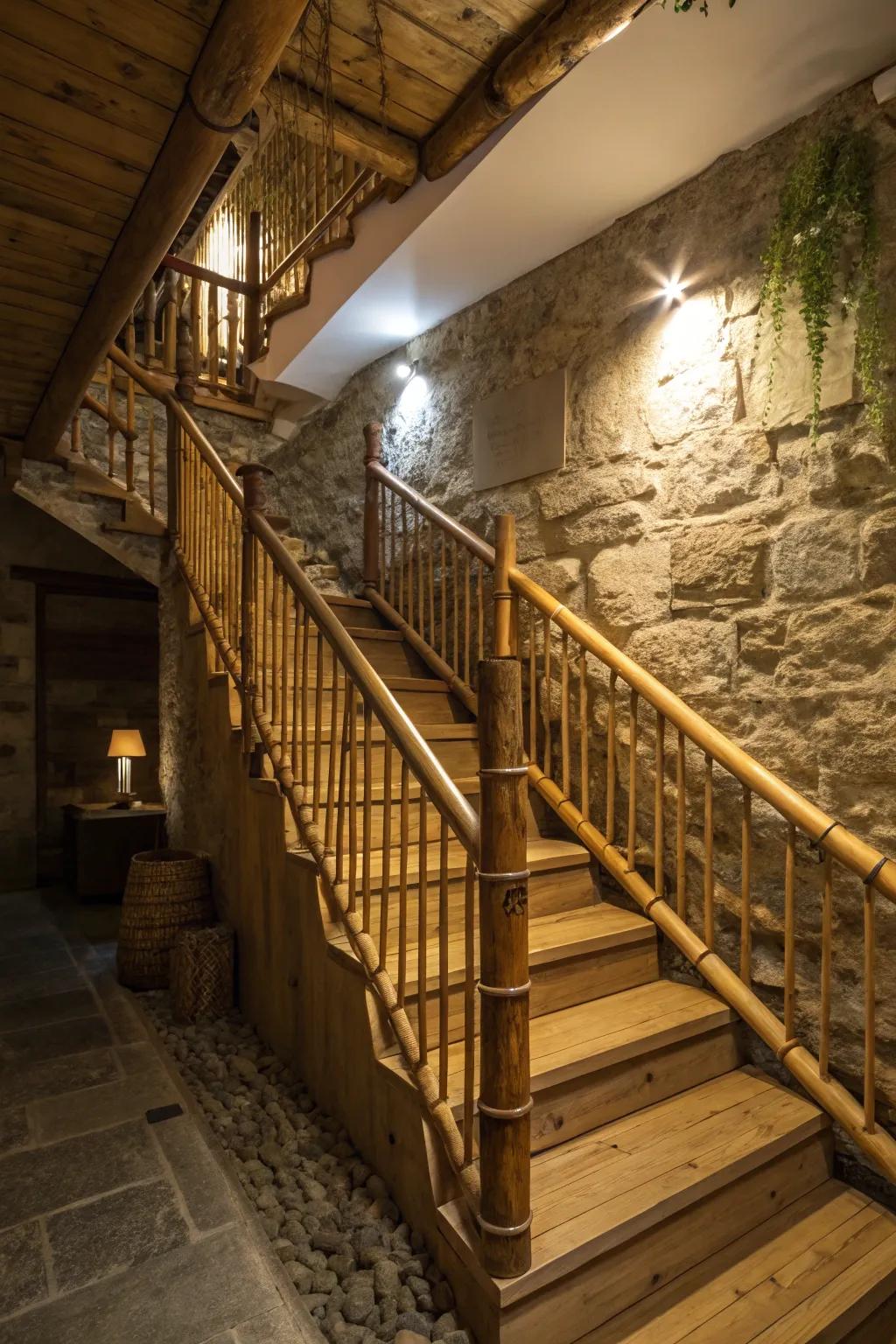 Natural materials add warmth and an earthy feel to your stairway.