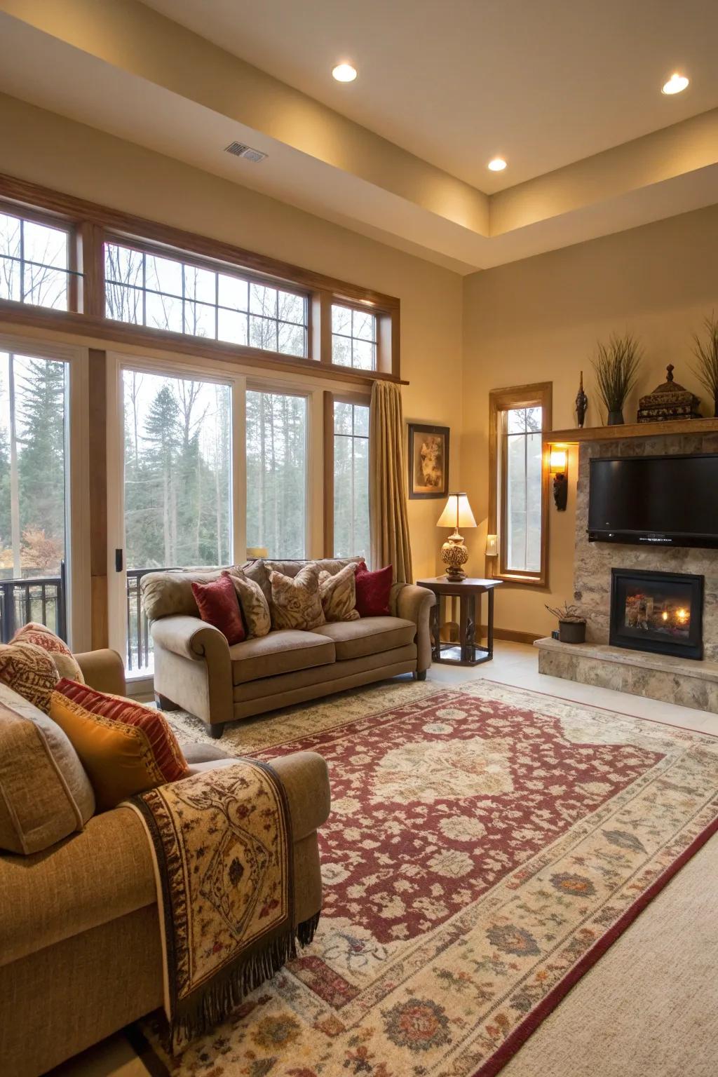 Cozy textures impart warmth and comfort to the room.