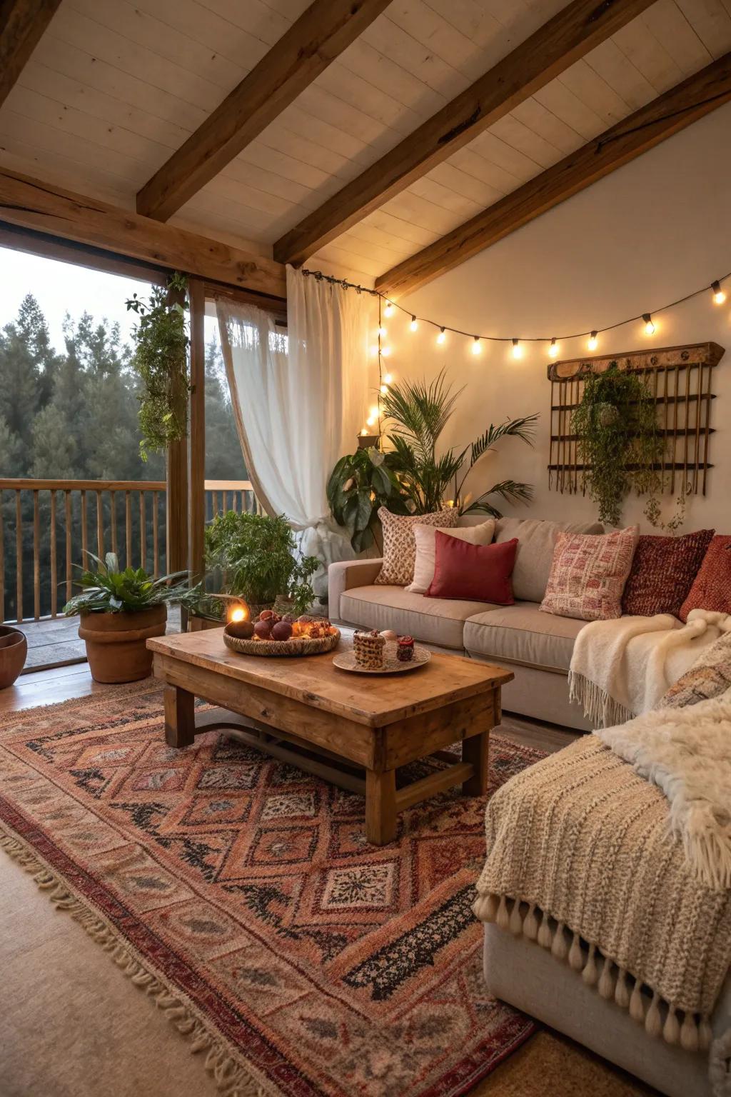 Warm and inviting open area featuring comforting elements like rugs and cushions.