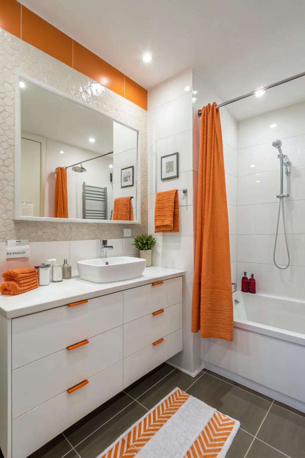 A fashionable white and orange bathroom with simple lines.