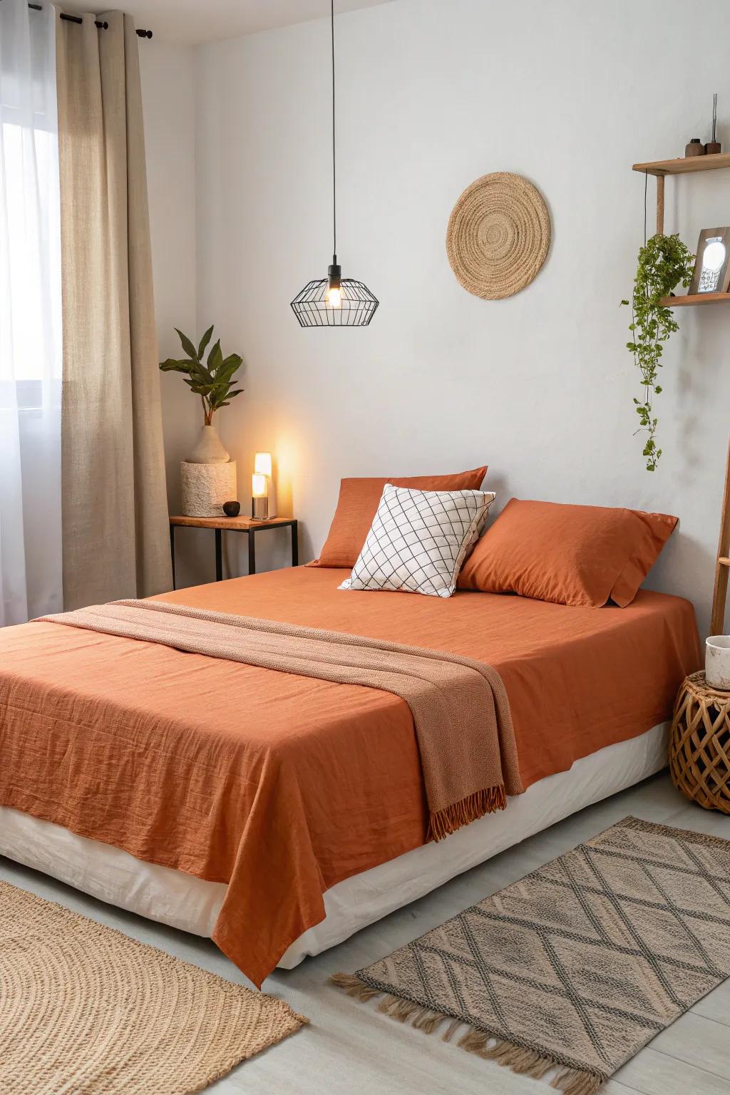 Subtle orange bedding grants a gentle color highlight.