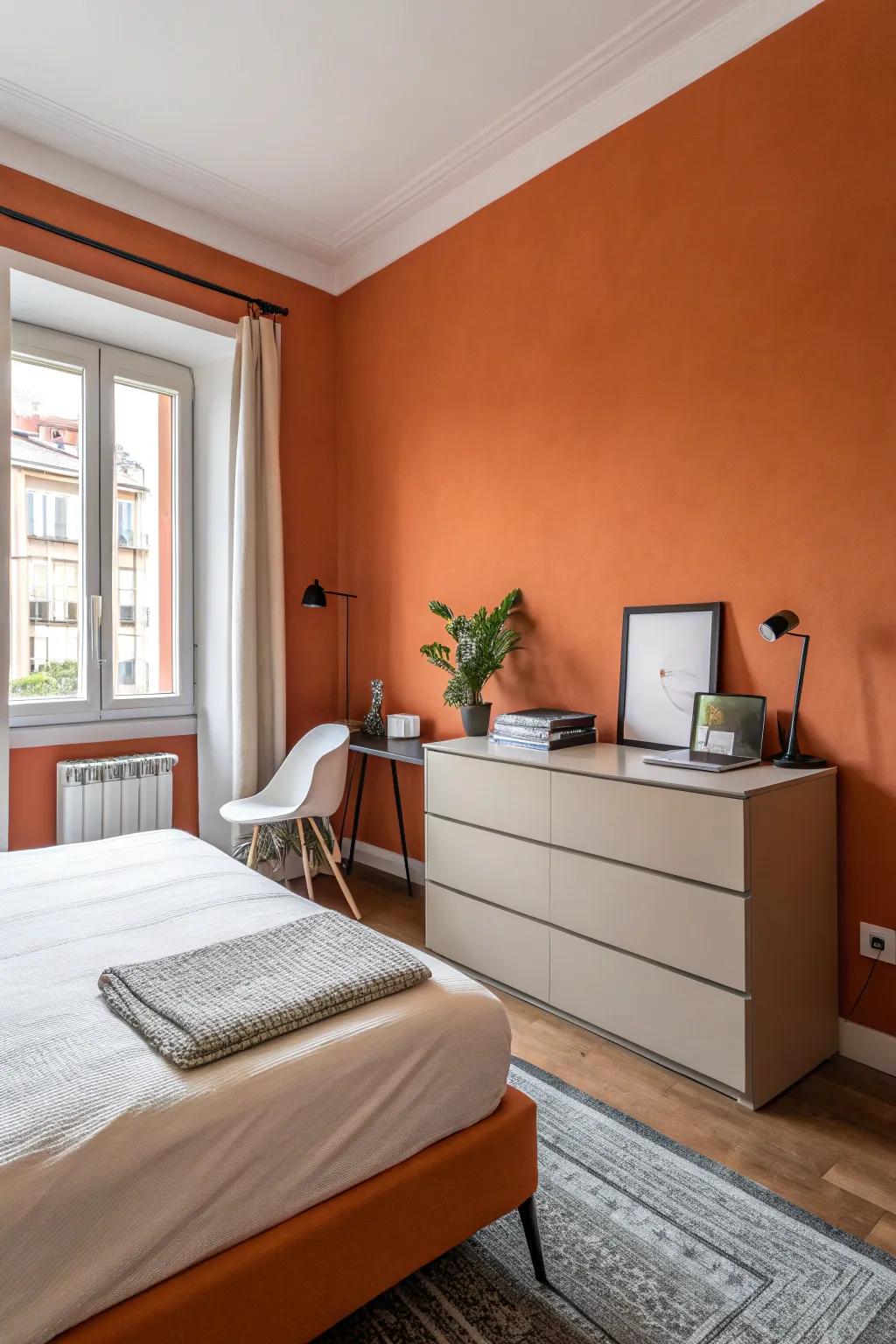 Simple furniture matches the boldness of orange walls.