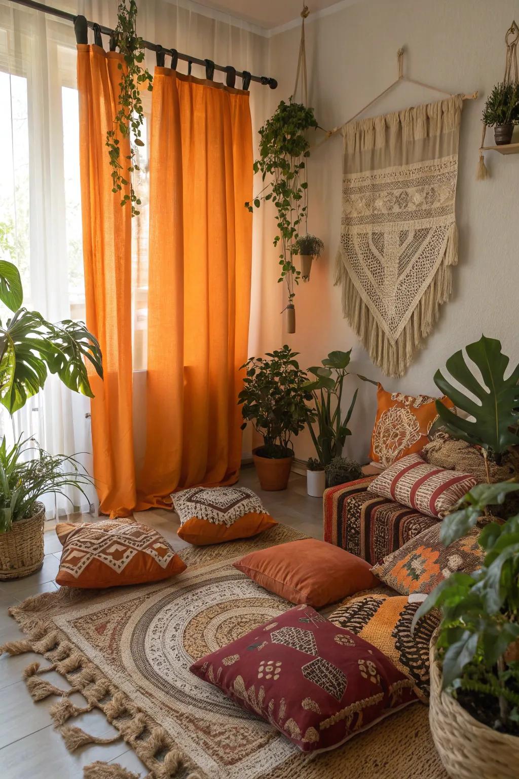 Free-spirited designs with orange window coverings and eclectic decor.