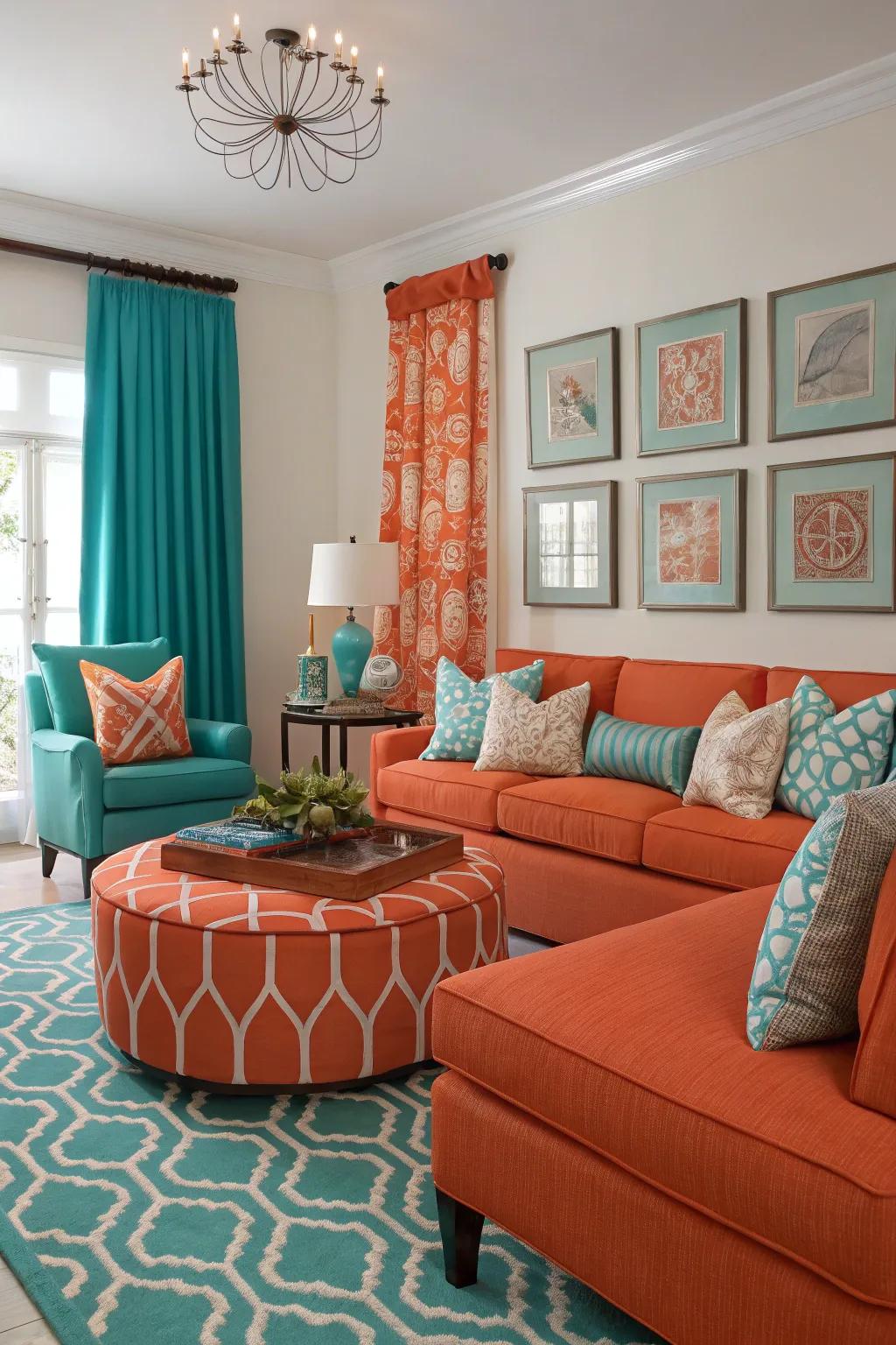 A vibrant living space displaying a striking orange and teal color pairing.