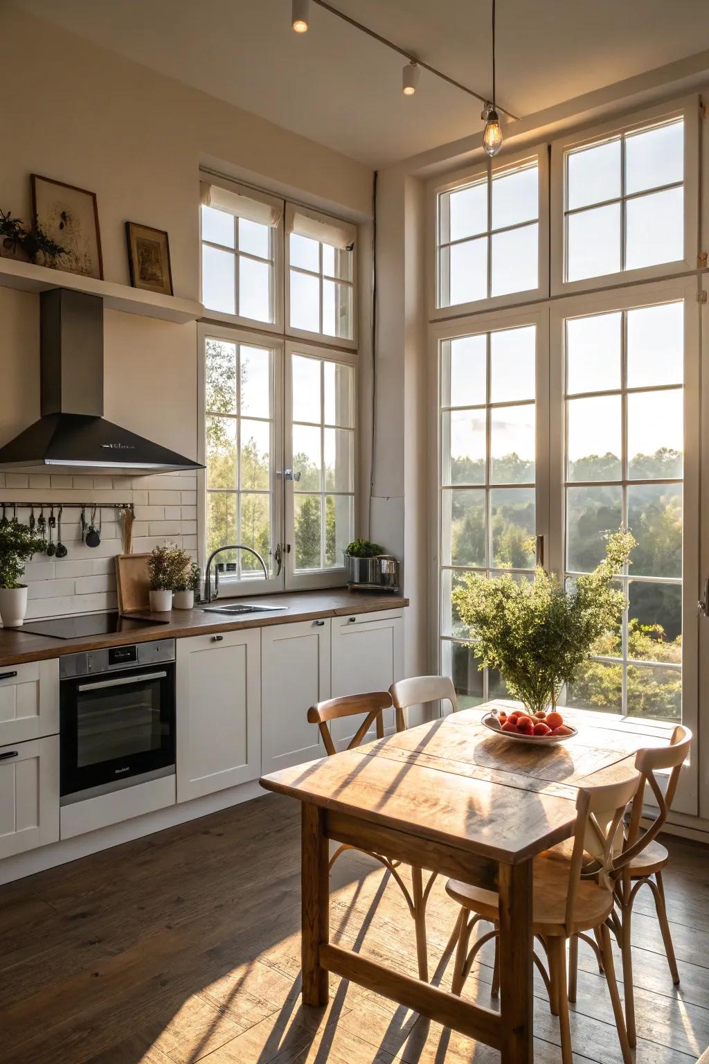 The presence of natural light elevates the organic atmosphere and broadens the sense of space within the kitchen.
