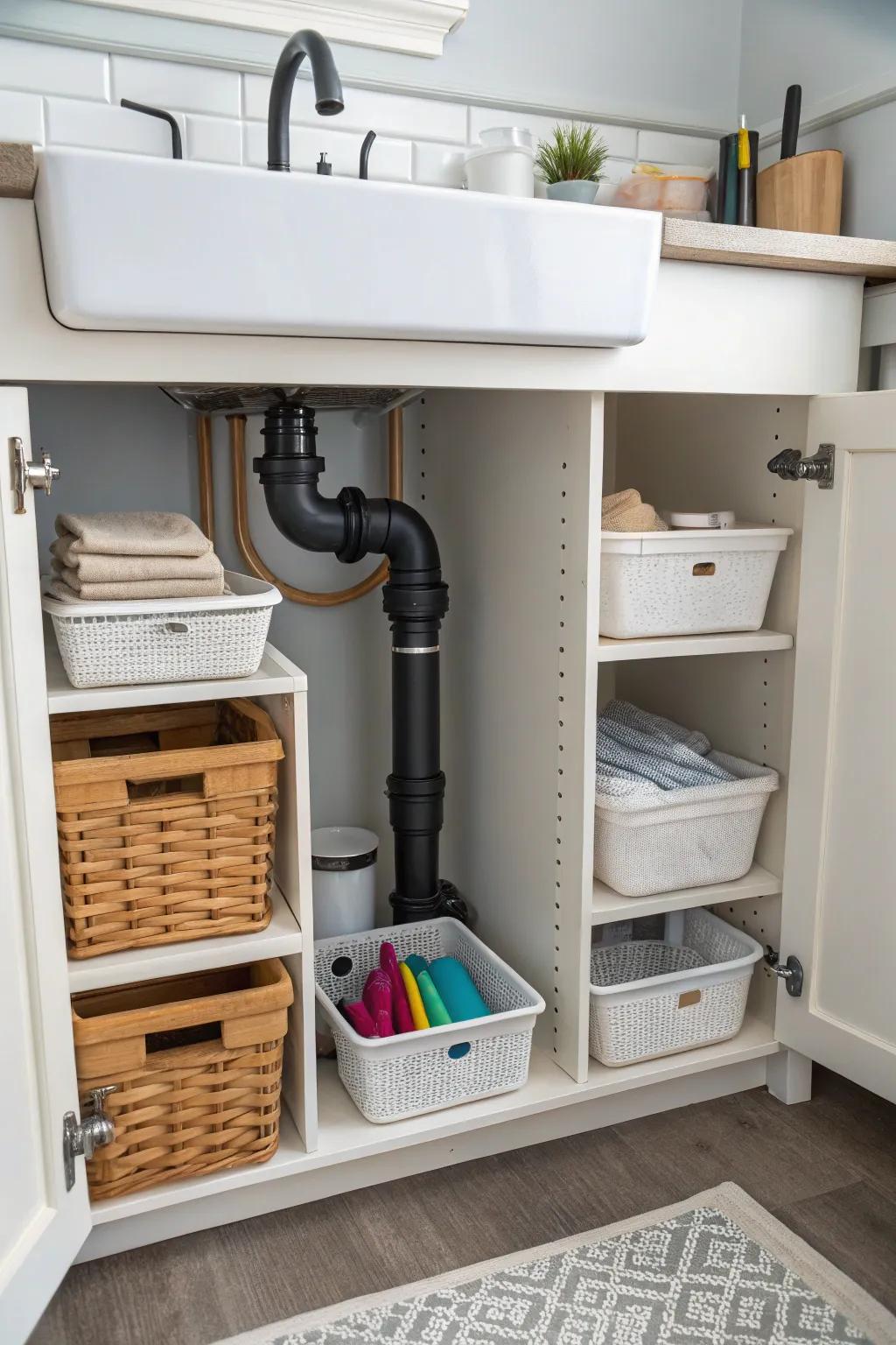 Integrate existing pipes into a helpful storage design.