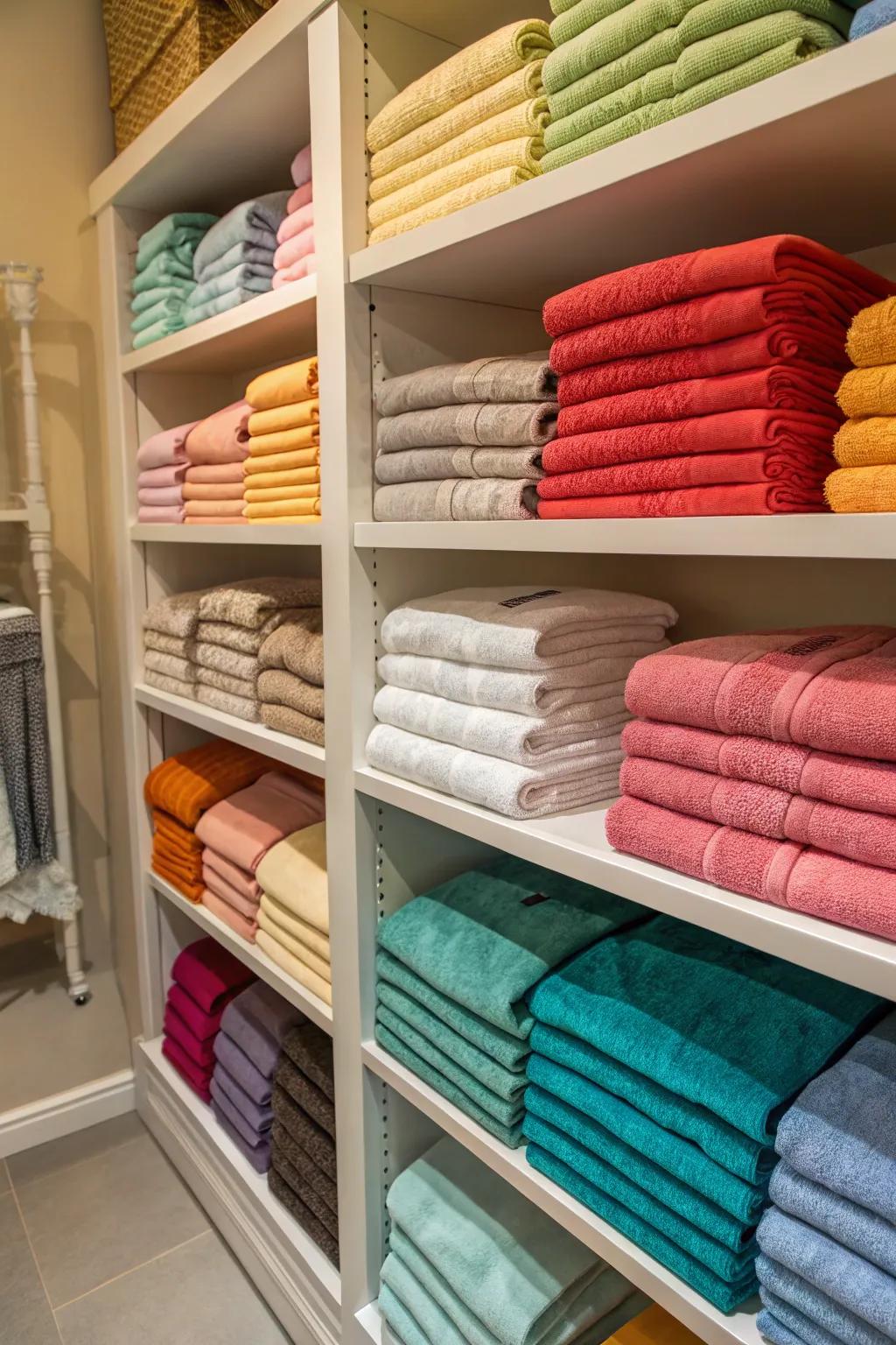 Linens coordinated by color enhance the sophistication of a closet display