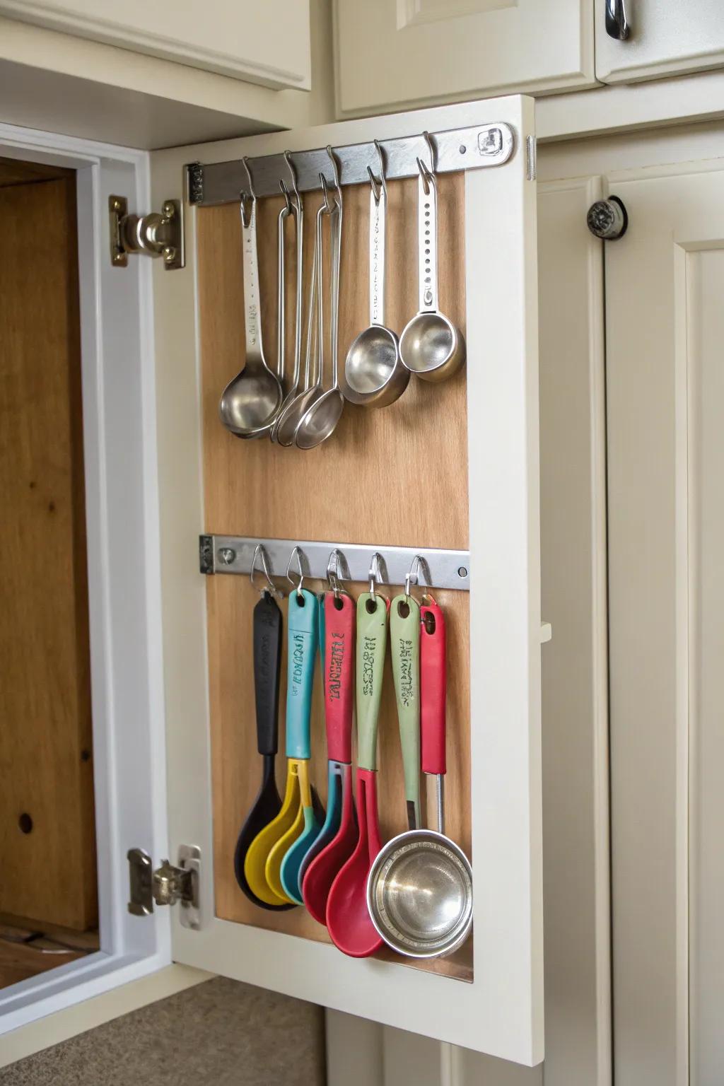 Cupboard door storage takes full advantage of typically overlooked area.