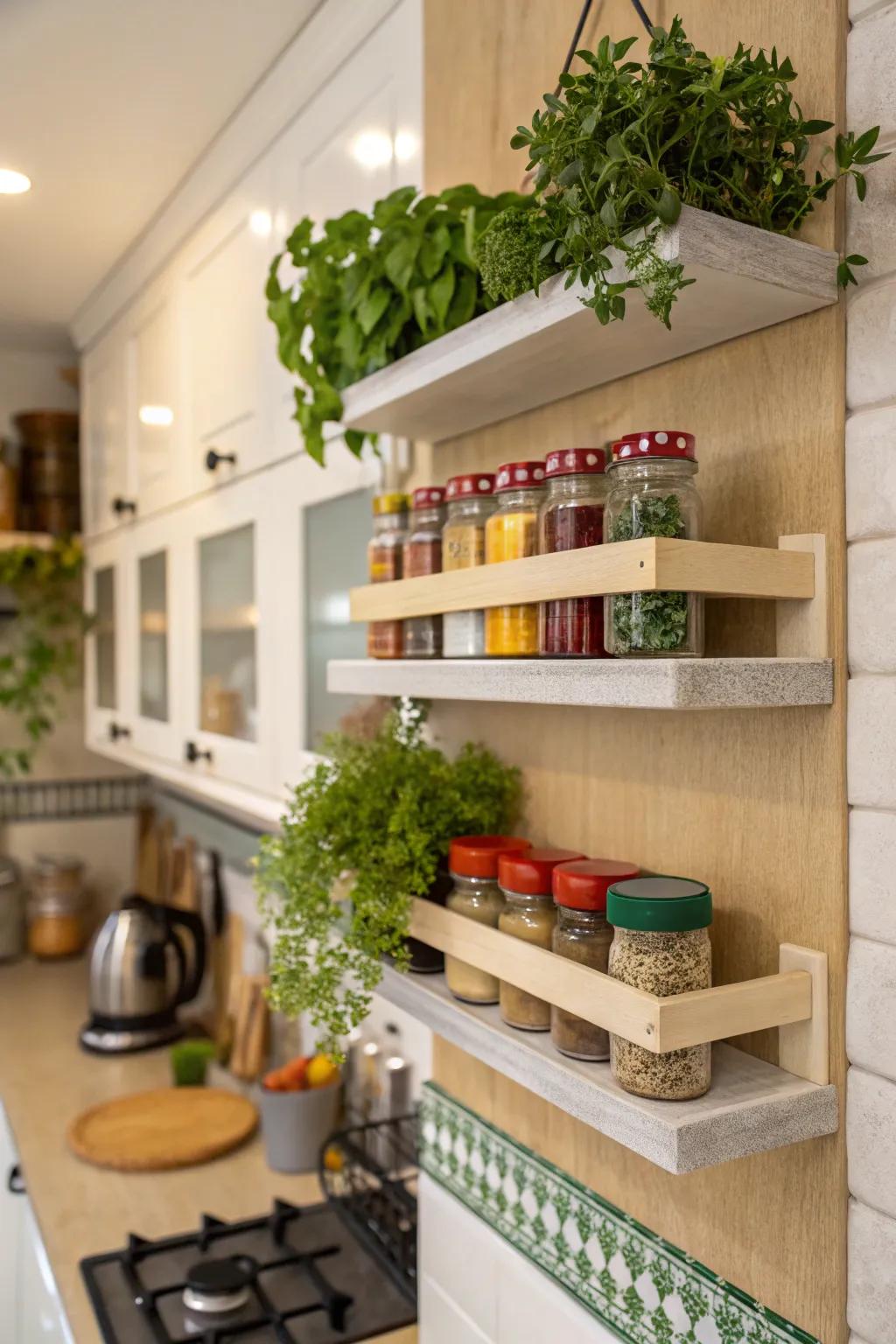 Floating shelves improve the kitchen's storage and style.