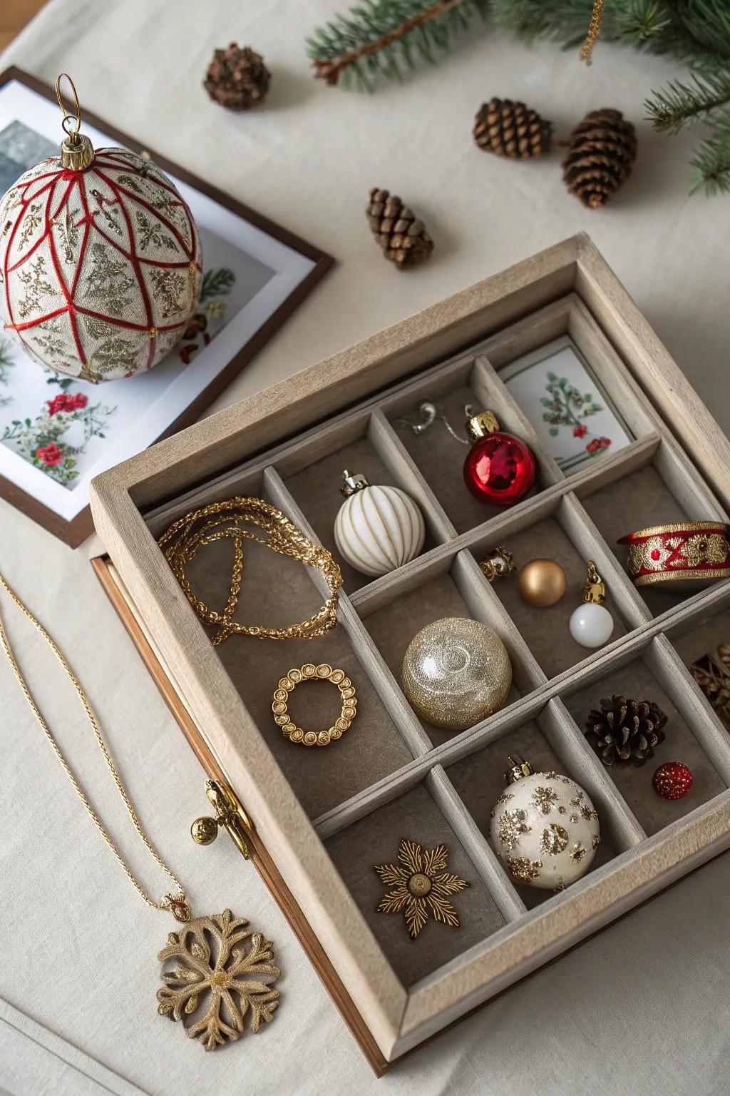 A tailored ornament display inside a shadow repository.