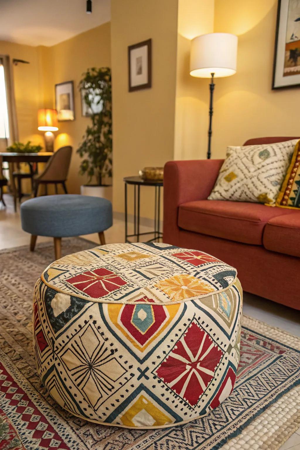 A patterned ottoman introduces a playful feel to any living space.
