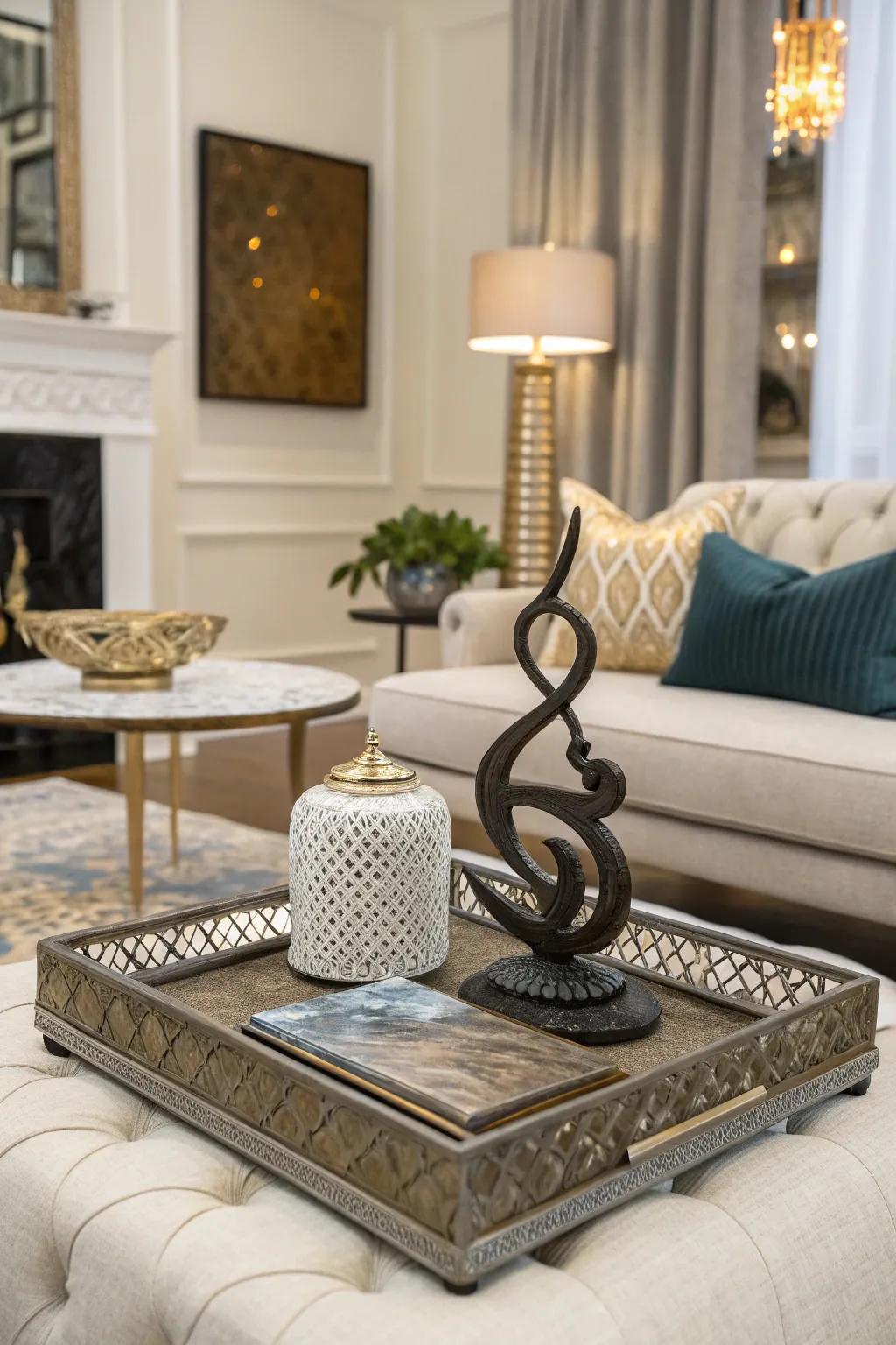 Incorporate a creative impression with a small sculpture.