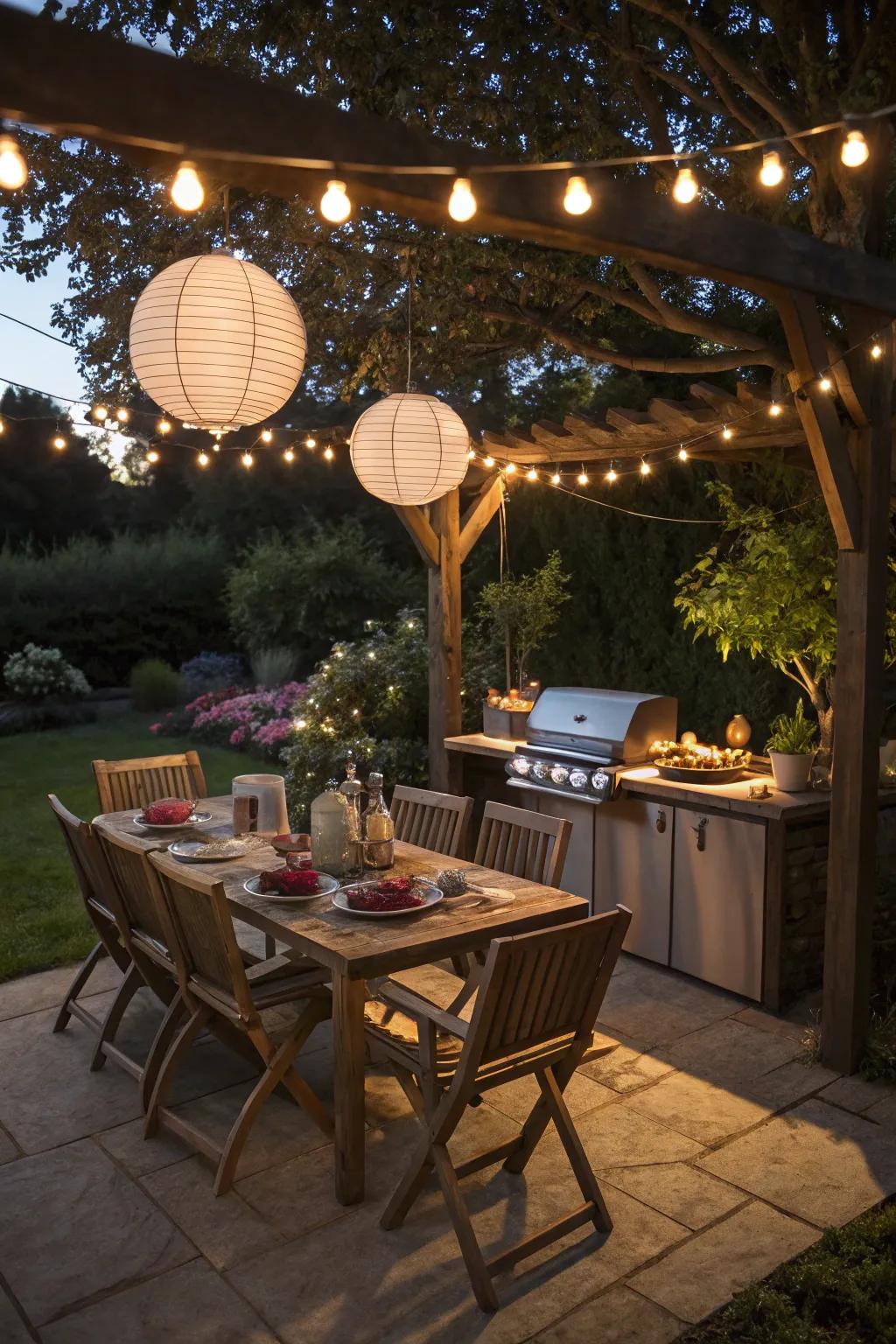 Lighting creates the perfect evening vibe for your BBQ space.