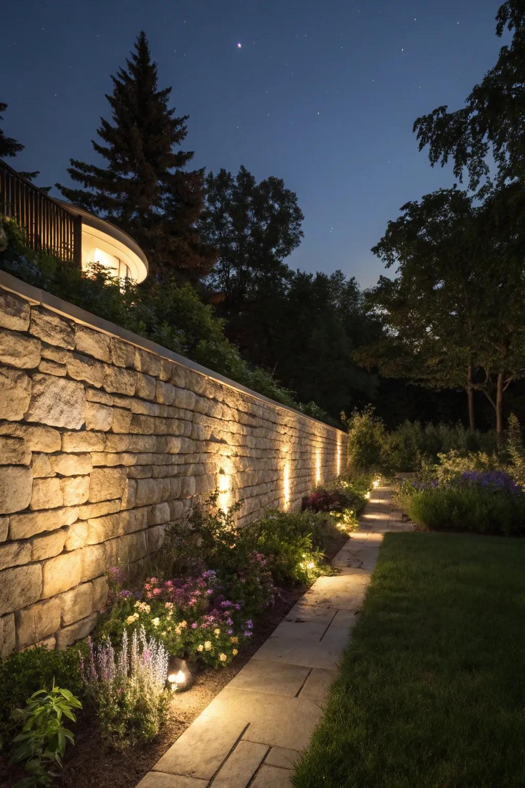 Lighting elevates the attractiveness and safety of stone walls as night falls.
