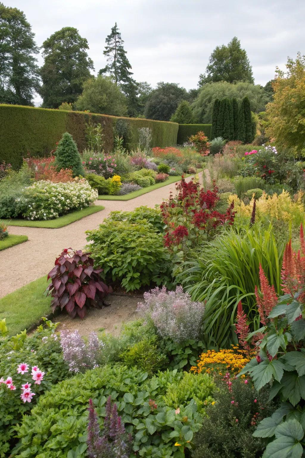 A varied garden presenting a fusion of shrubs and colorful perennials.