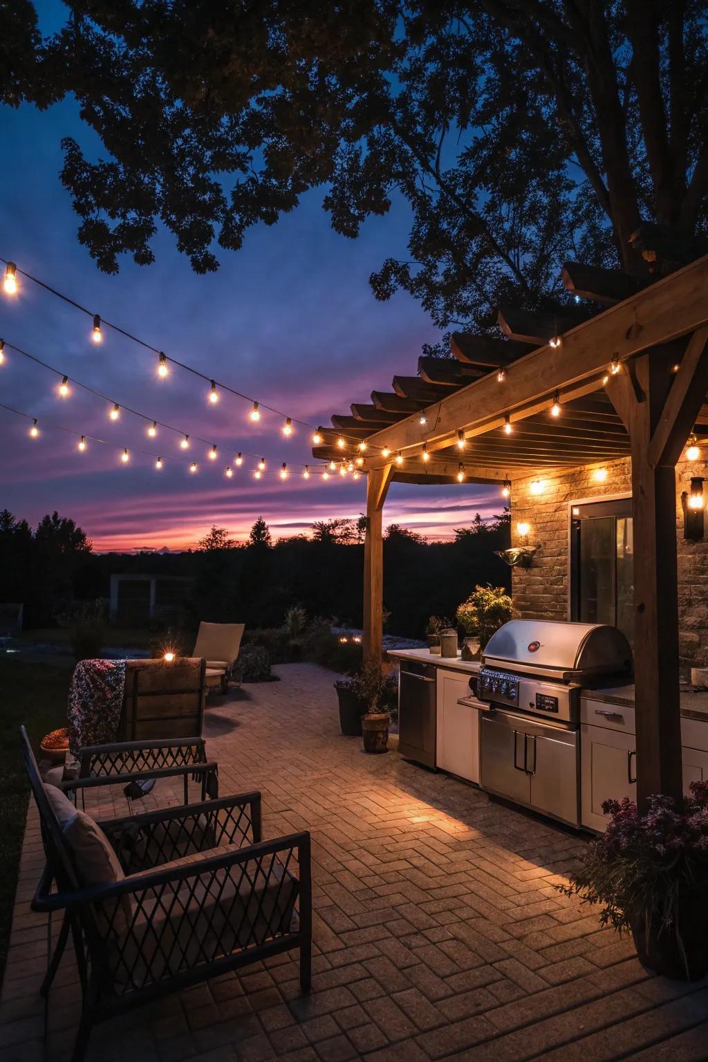 Fairy lights craft a captivating ambiance for evening barbecues.