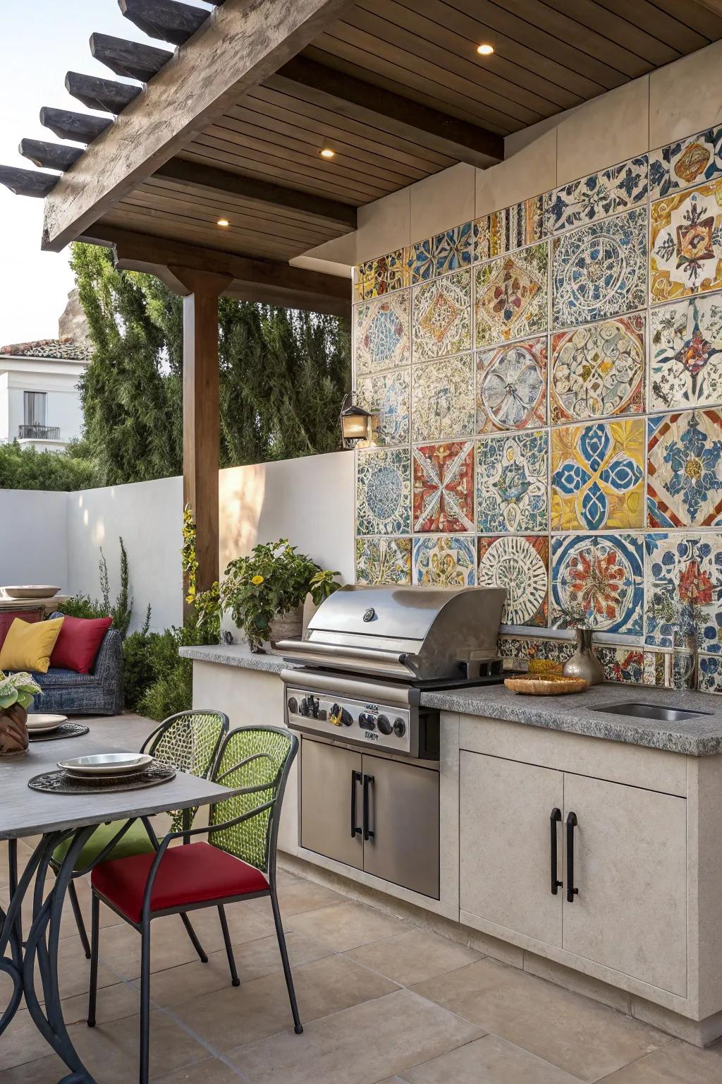 Colorful ceramic tiles create a vibrant and artistic outdoor kitchen atmosphere.