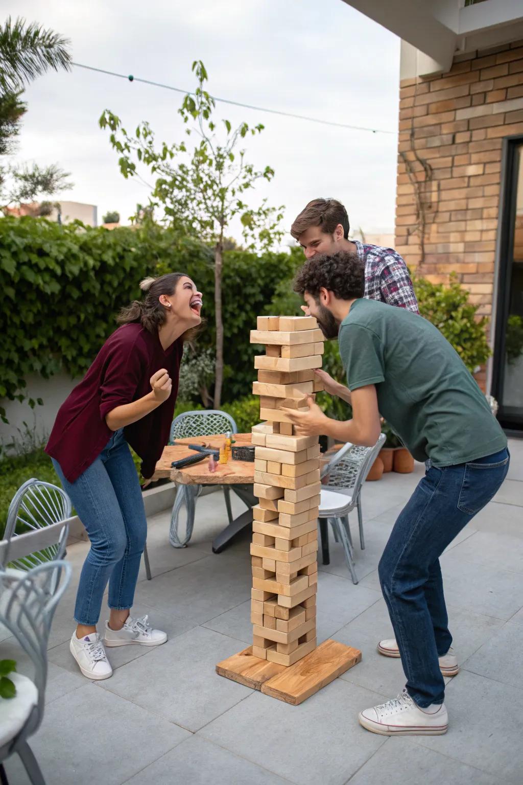 Giant Jenga game creating suspense at a backyard party