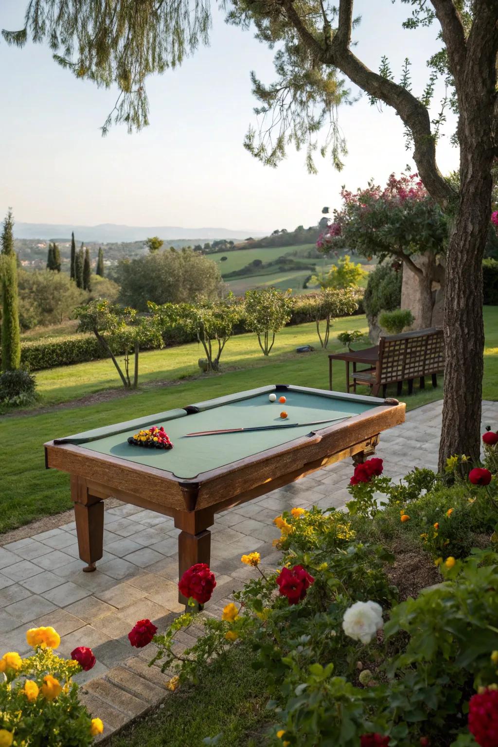 A billiard table granting enthralling garden vistas.