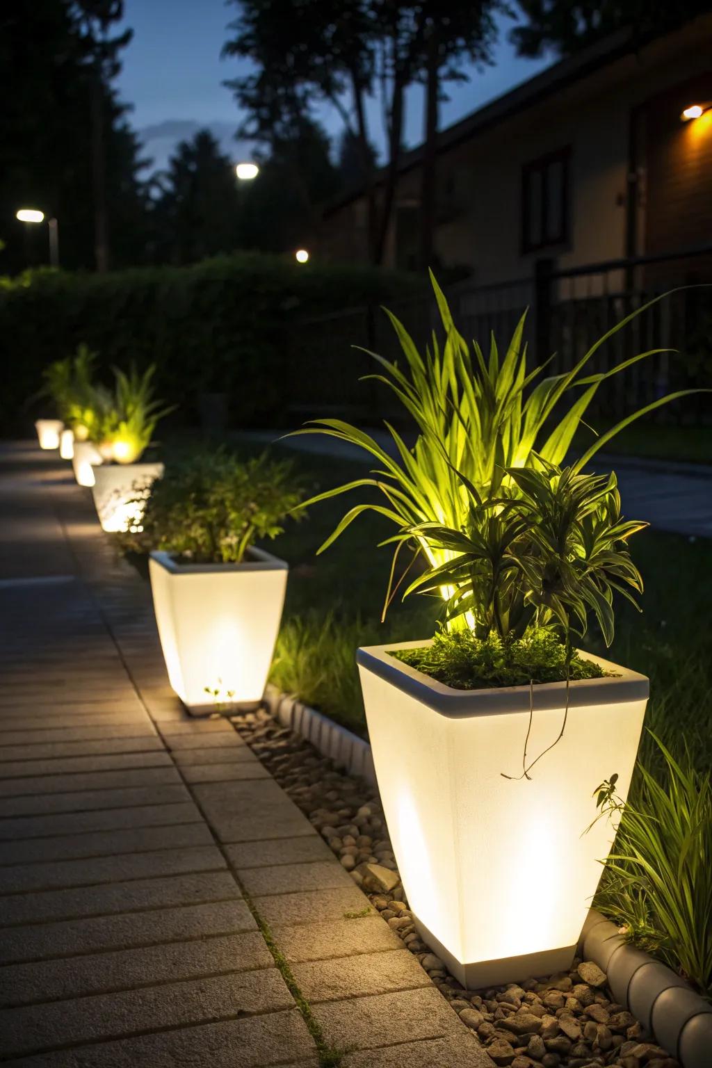 Planters shining brightly both day and night.