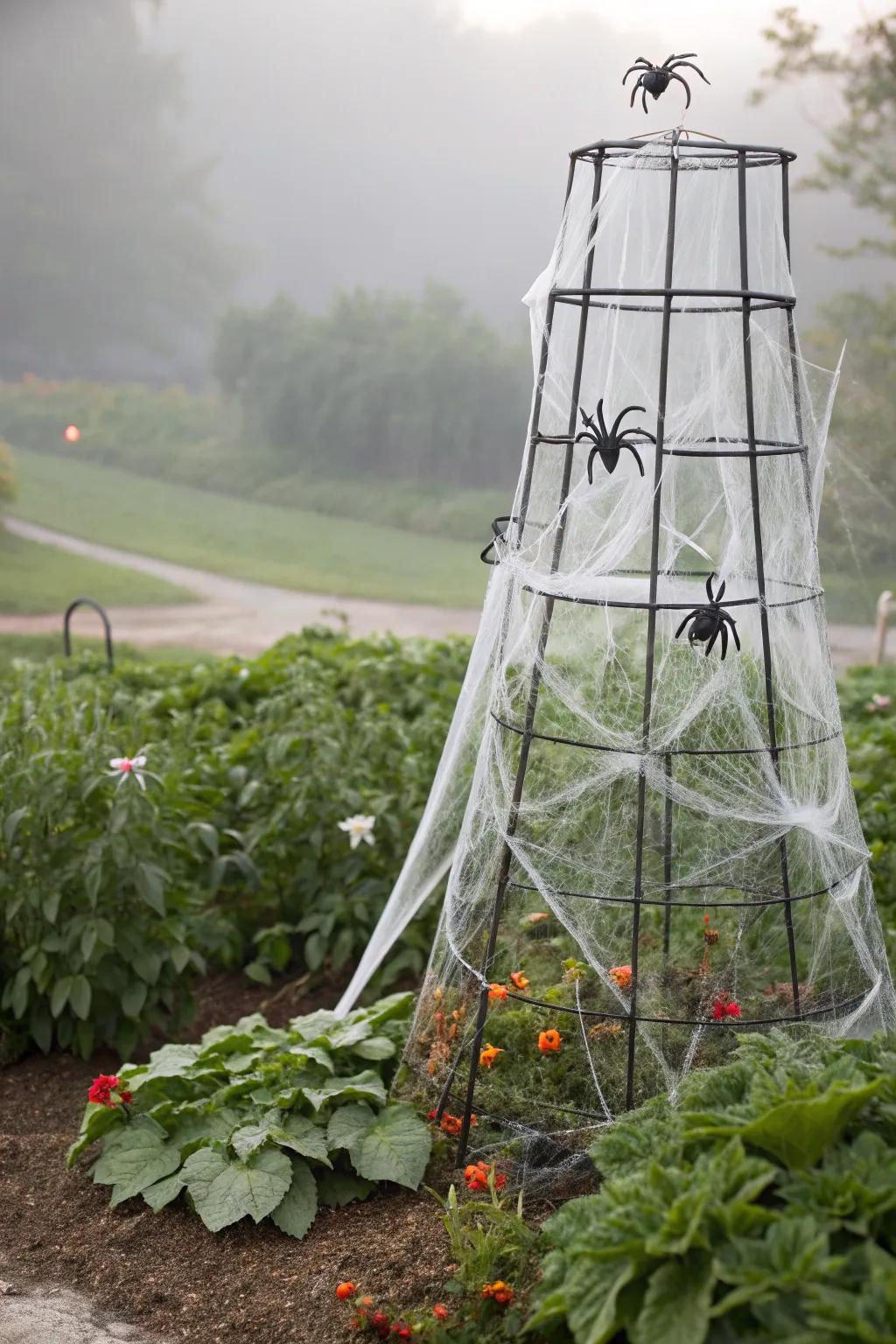 Enter the arachnid's domain with this webbed plant support decoration.