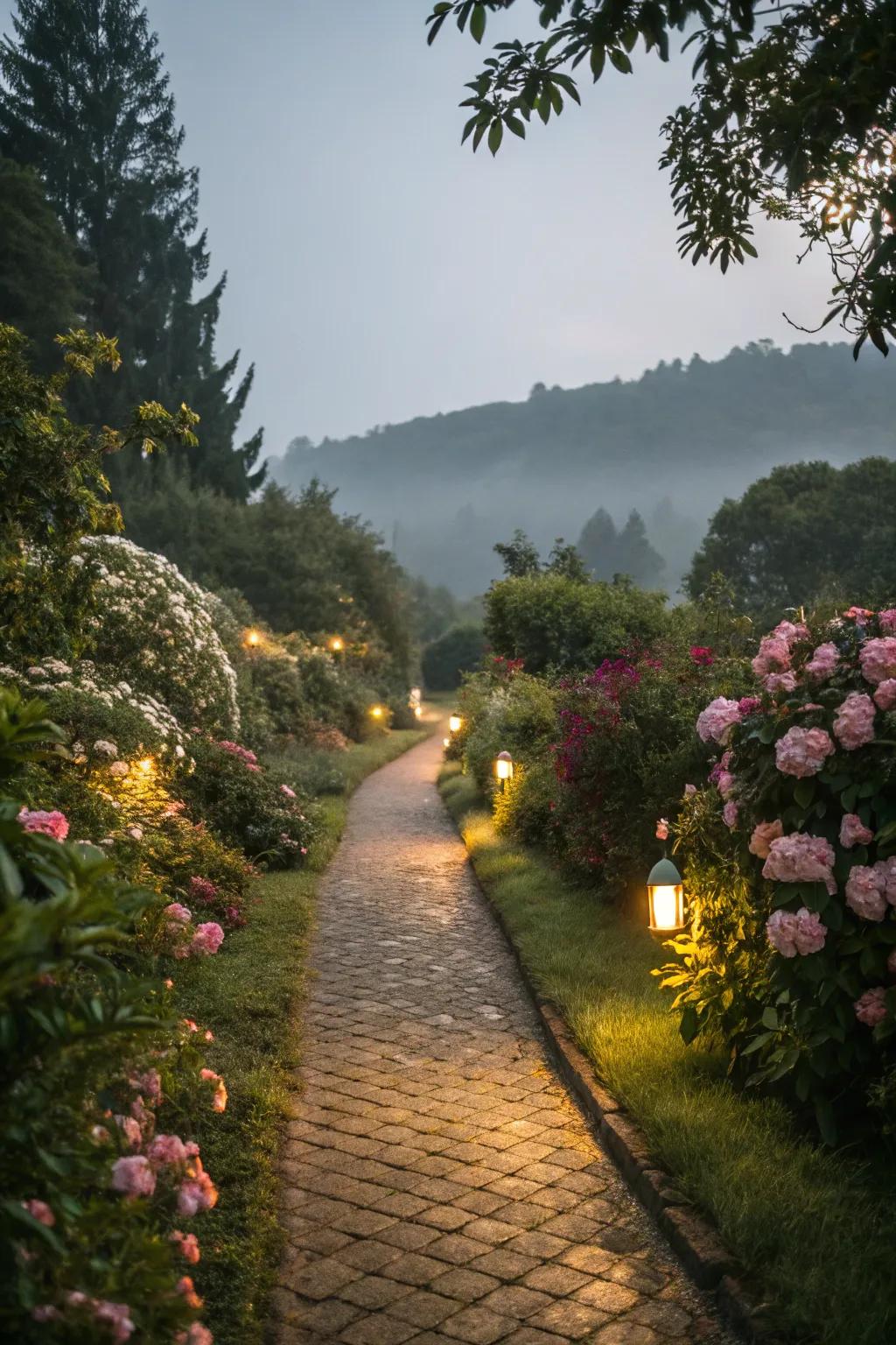 Warm ambient lights for a cozy path.