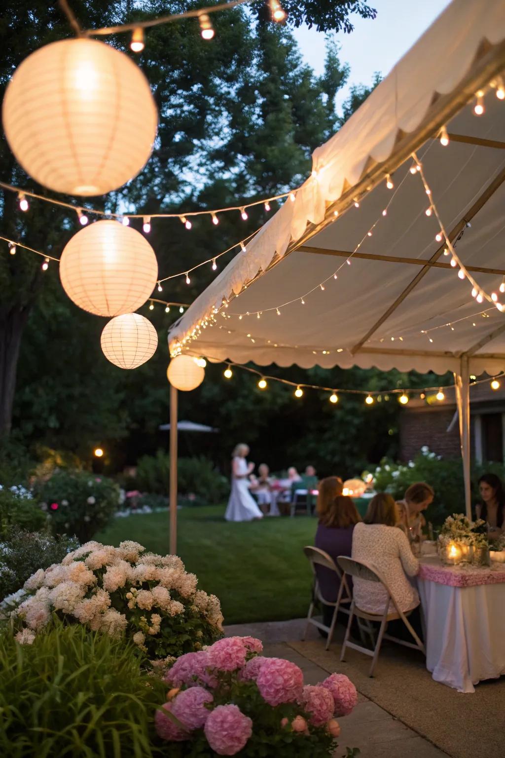 Ambient lighting establishes a spellbinding tone for an evening baby shower.