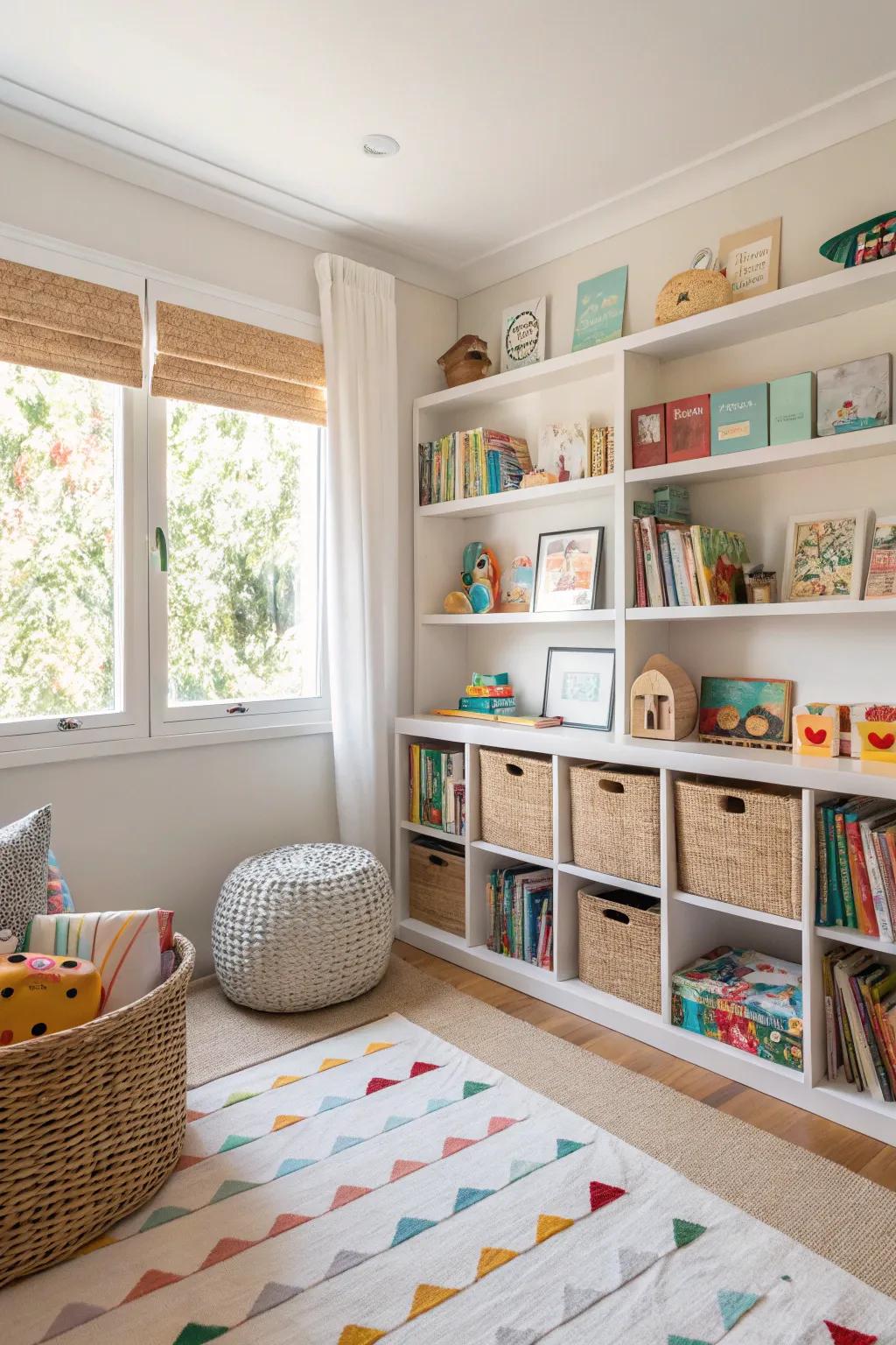 Practical décor maintains the nursery neat and stylish, offering usable storage options.