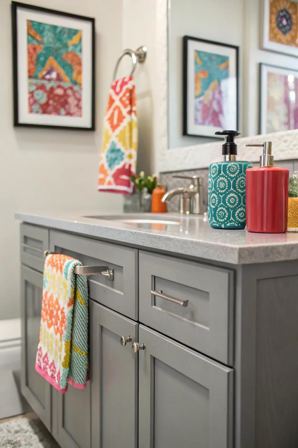 Grey vanities provide a flexible, stylish background.