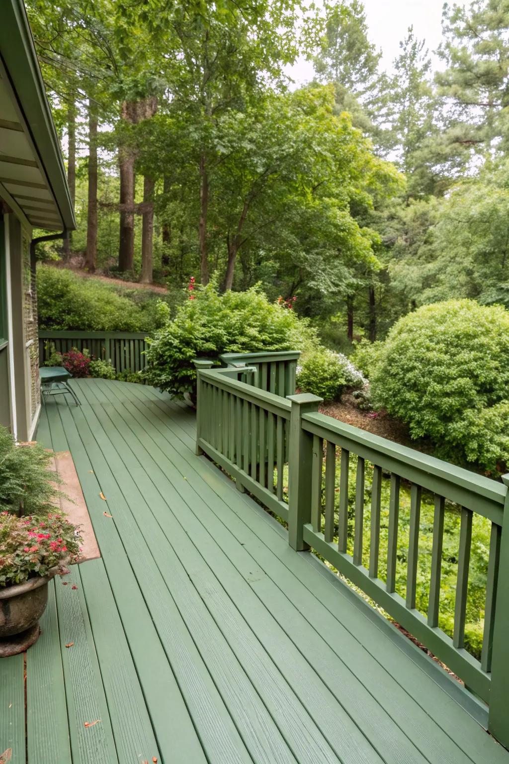 A deck in earthy green tones, perfectly blending with the natural surroundings.