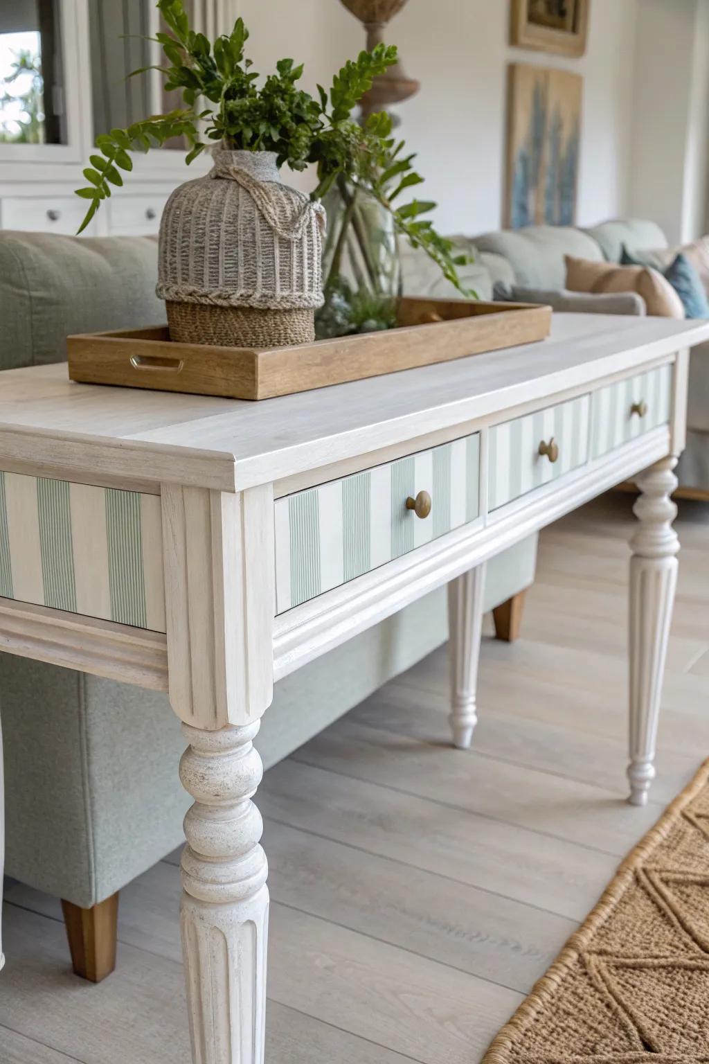 Introduce a touch of artistry to your space with this hand-painted banded display table, where simplicity meets elegance.