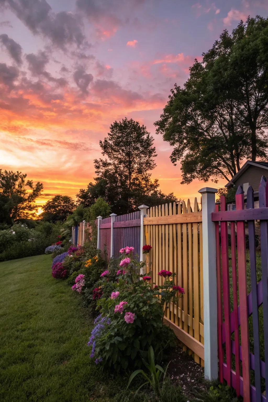 A fence radiating sunset-inspired colors.