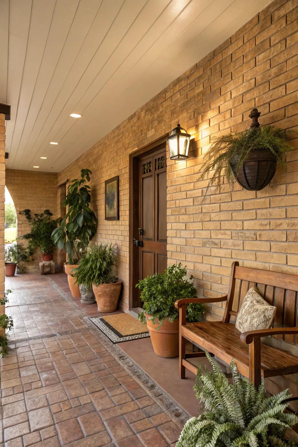 A cozy entryway enhanced by a terracotta brick wall.