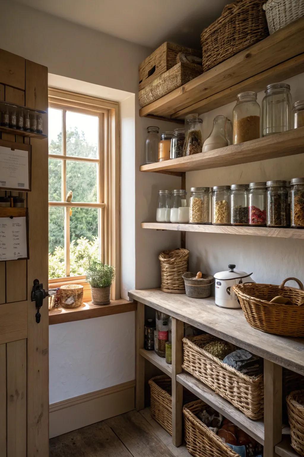Natural components establish a cozy and attractive pantry.