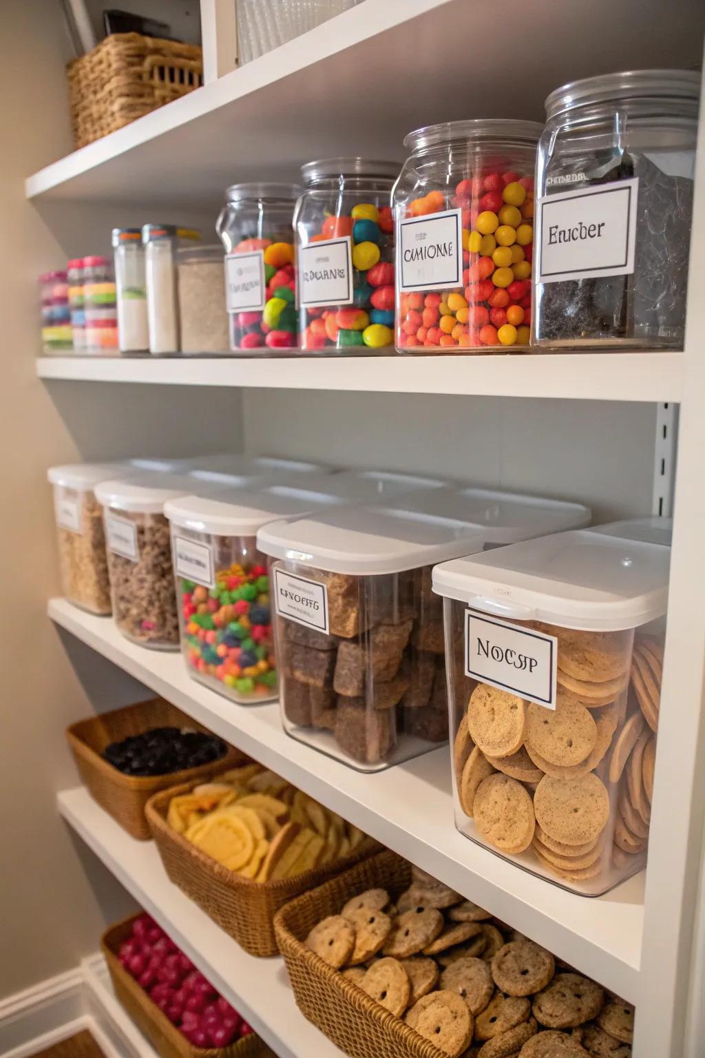 Labels add clarity and help maintain order in your snack pantry.