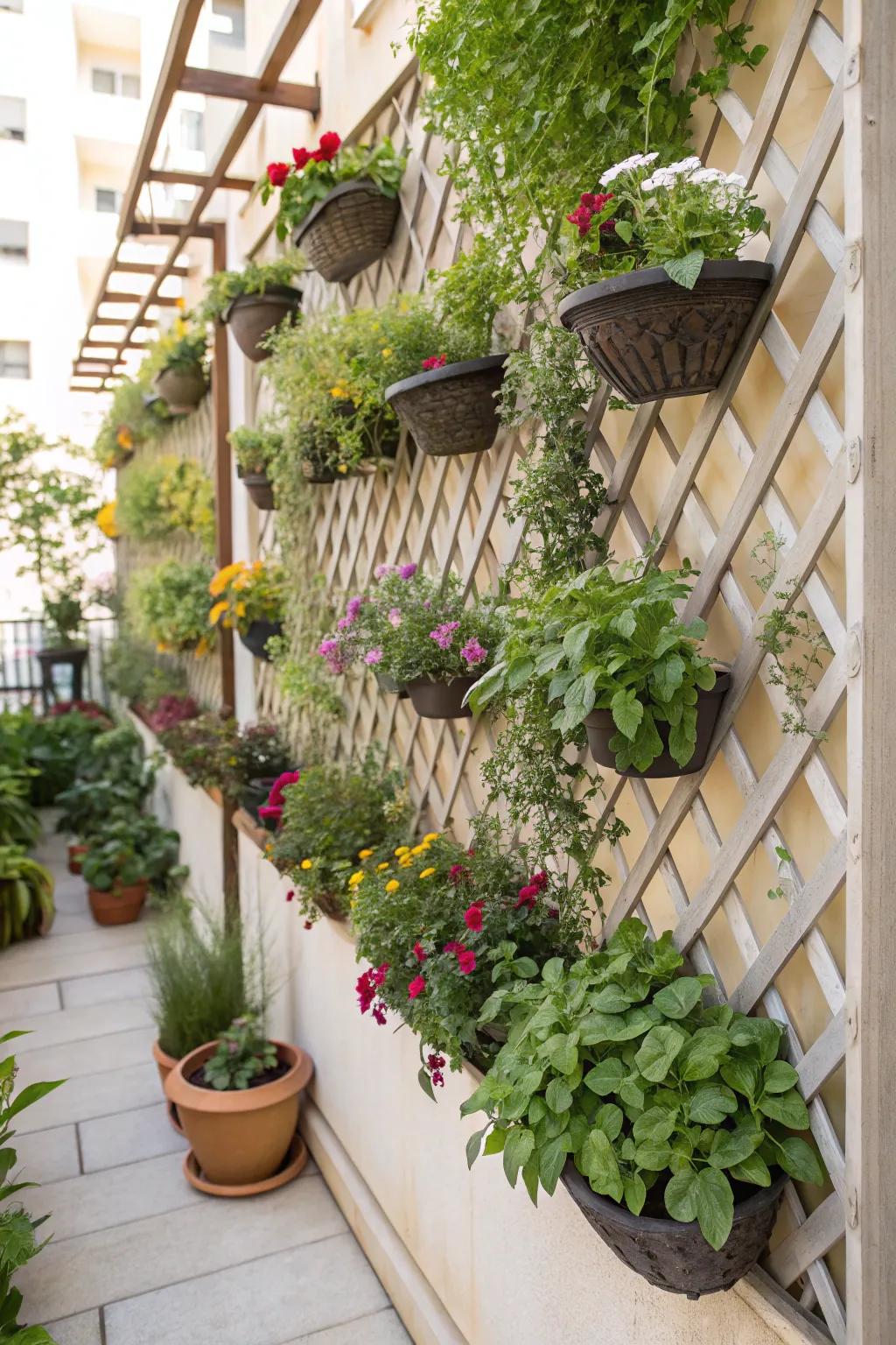 A weave upright garden facade retains fresh herbs and blooms within proximity.
